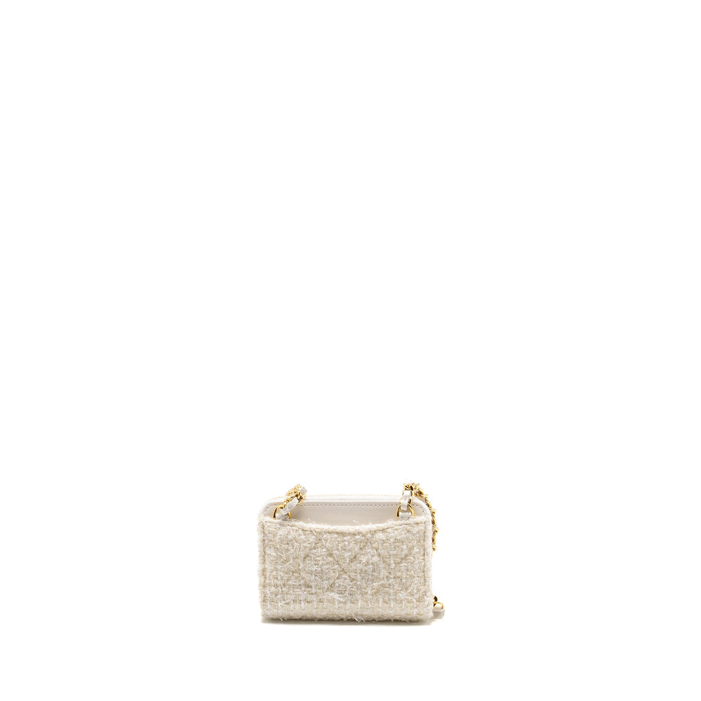 CHANEL MINI BOW CARD HOLDER WITH CHAIN TWEED WHITE LGHW (MICROCHIP)
