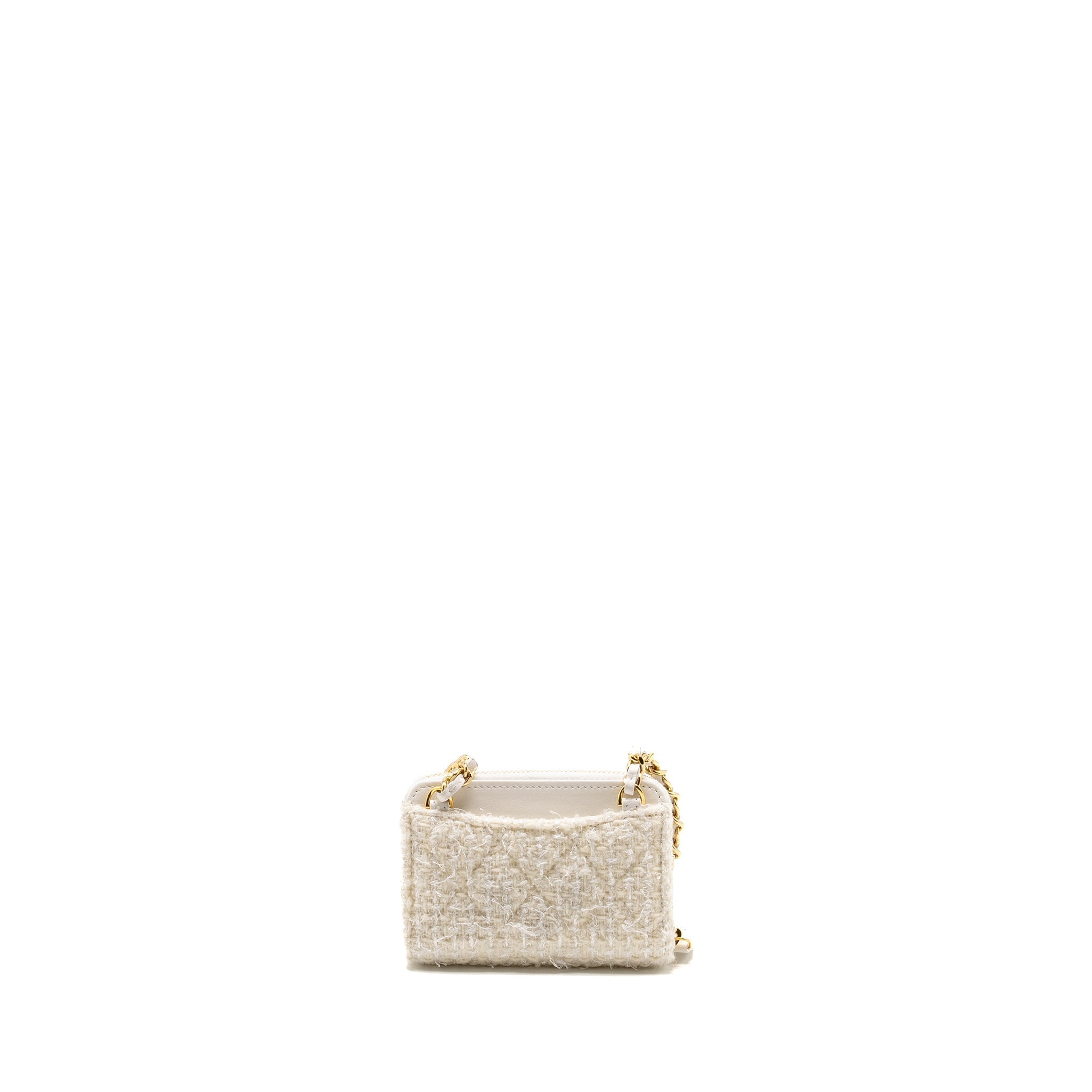 CHANEL MINI BOW CARD HOLDER WITH CHAIN TWEED WHITE LGHW (MICROCHIP)
