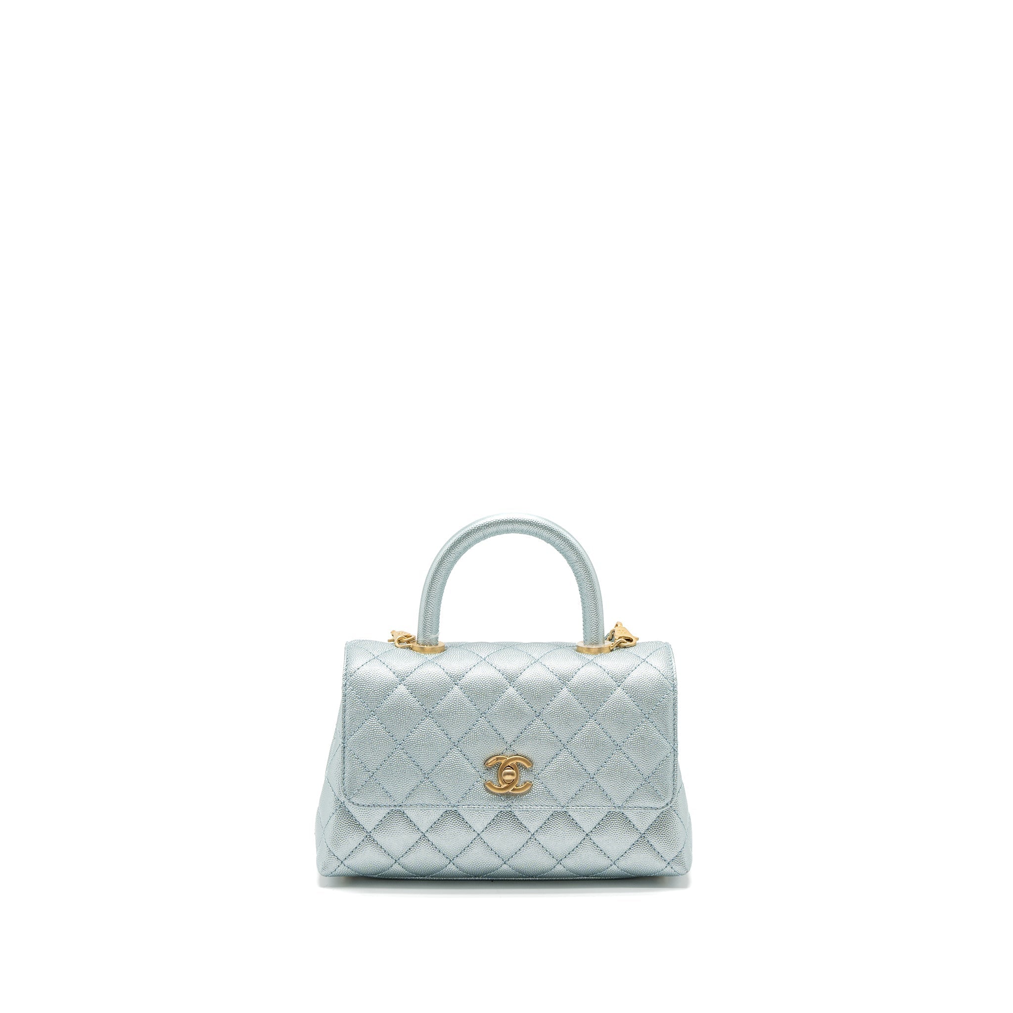 CHANEL SMALL COCO HANDLE CAVIAR METALLIC LIGHT BLUE BRUSHED GHW (MICROCHIP)