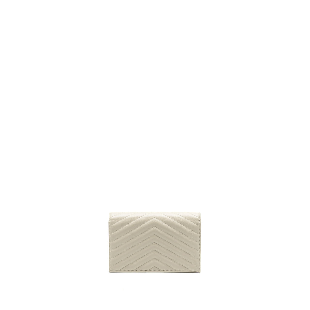 SAINT LAURENT ENVELOPE CHAIN WALLET GRAINED CALFSKIN CREAM SOFT GHW
