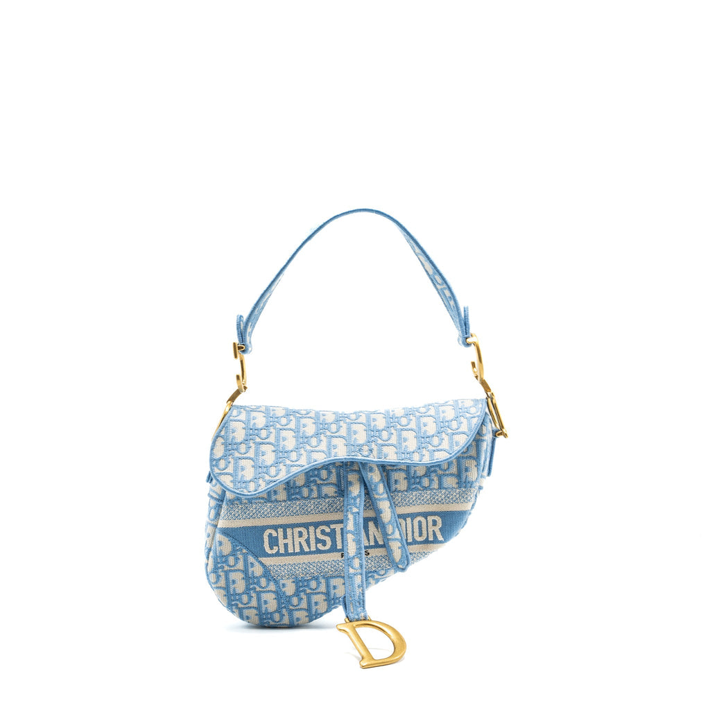DIOR MEDIUM SADDLE BAG OBLIQUE EMBROIDERY LIGHT BLUE GHW