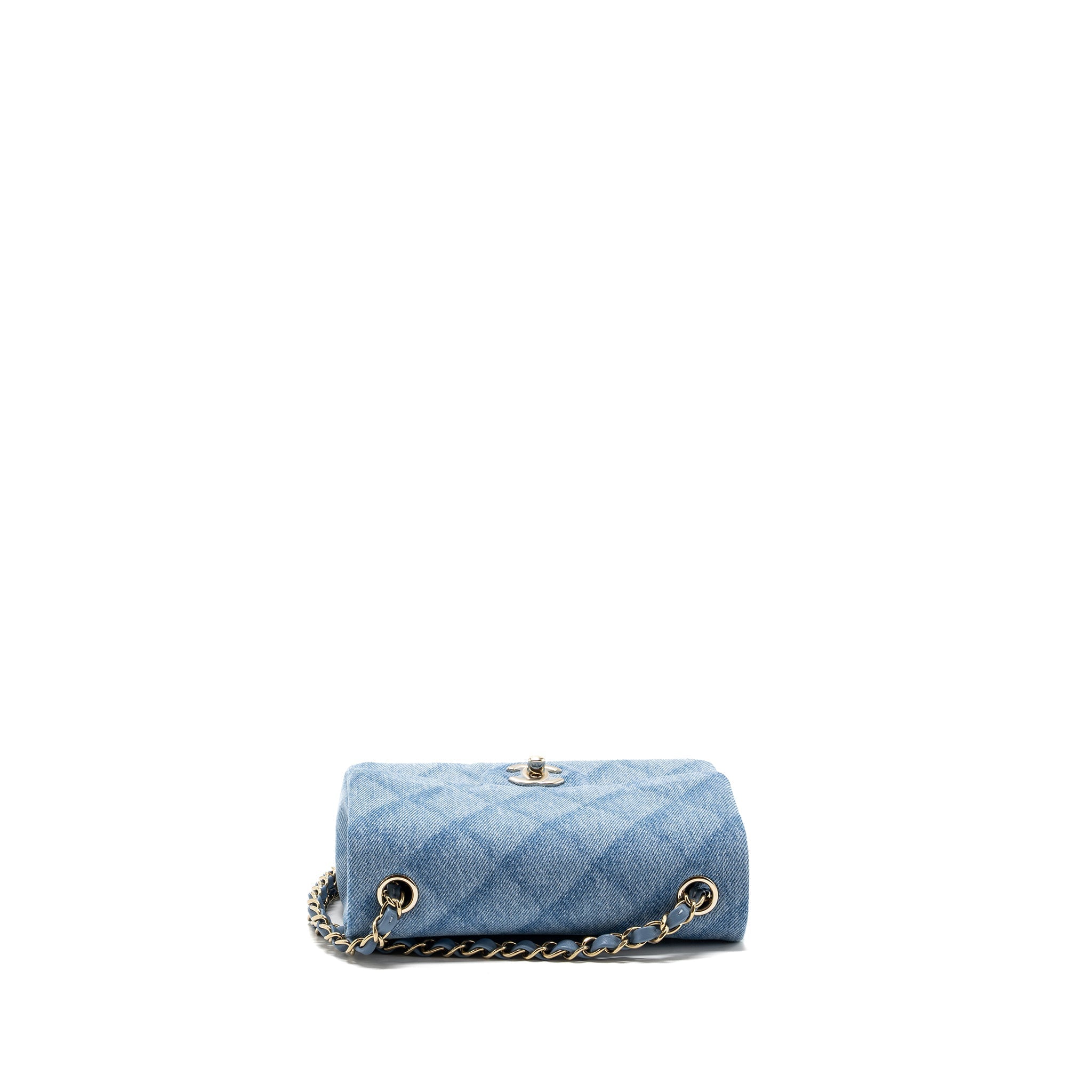 CHANEL 22B MINI RECTANGULAR FLAP BAG DENIM LIGHT BLUE LGHW (MICROCHIP)