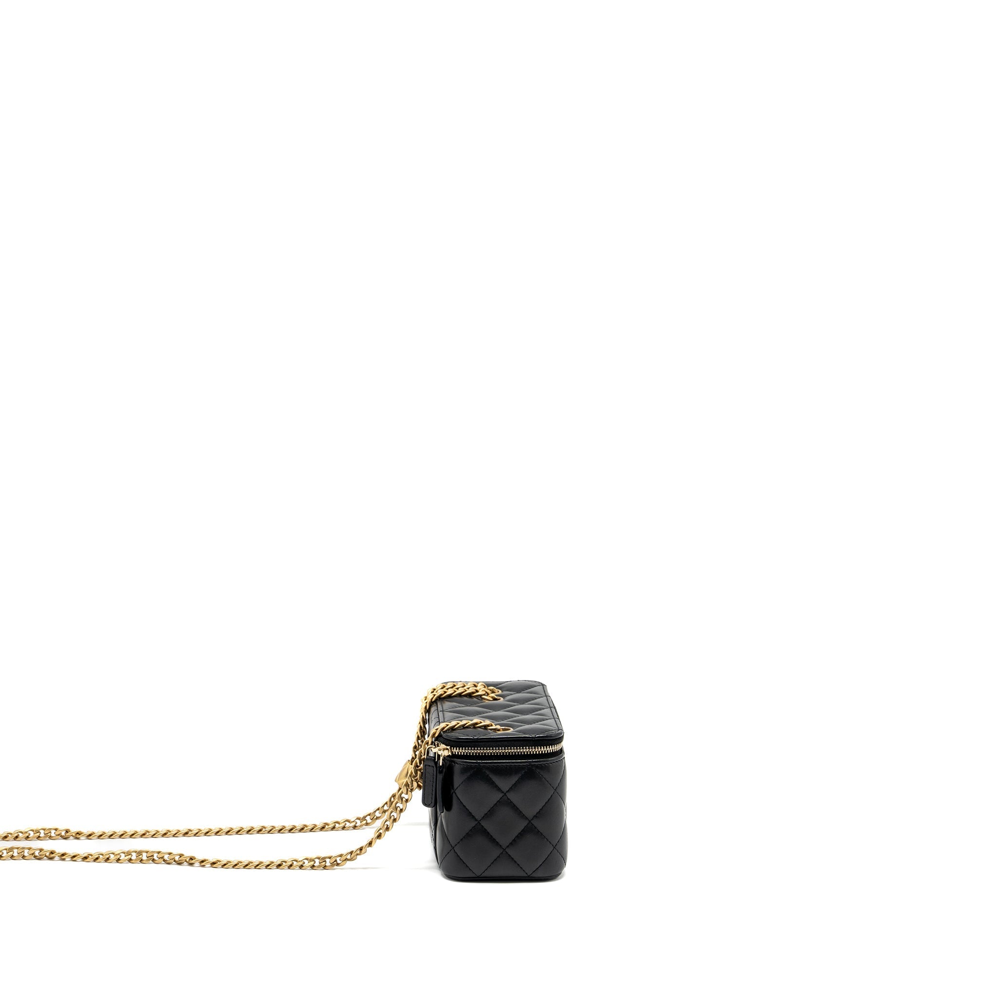 CHANEL 22K GOLD PILLAR LONG VANITY WITH ADJUSTABLE CHAIN LAMBSKIN BLACK GHW (MICROCHIP)