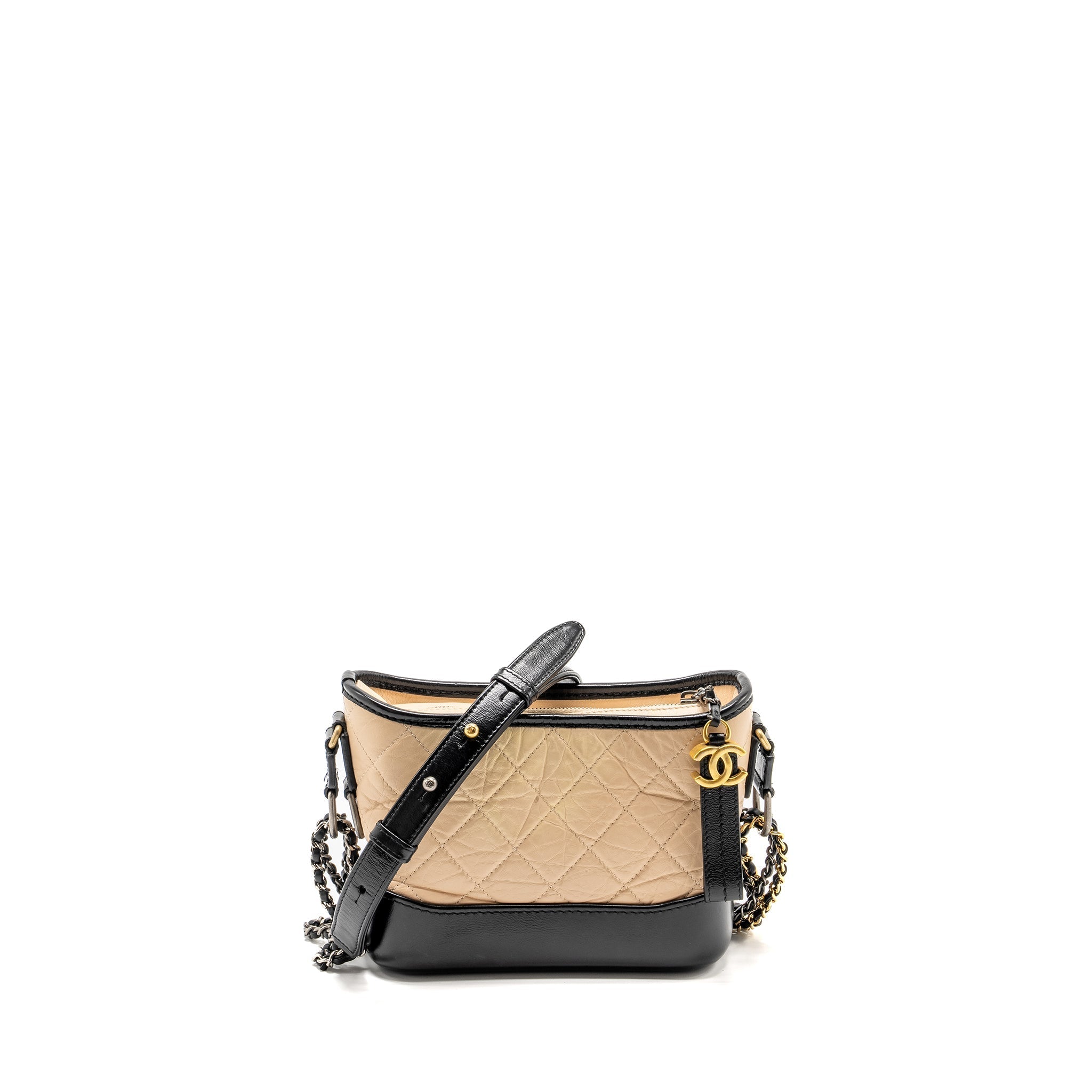 CHANEL SMALL GABRIELLE HOBO BAG AGED CALFSKIN BEIGE / BLACK MULTICOLOUR HARDWARE