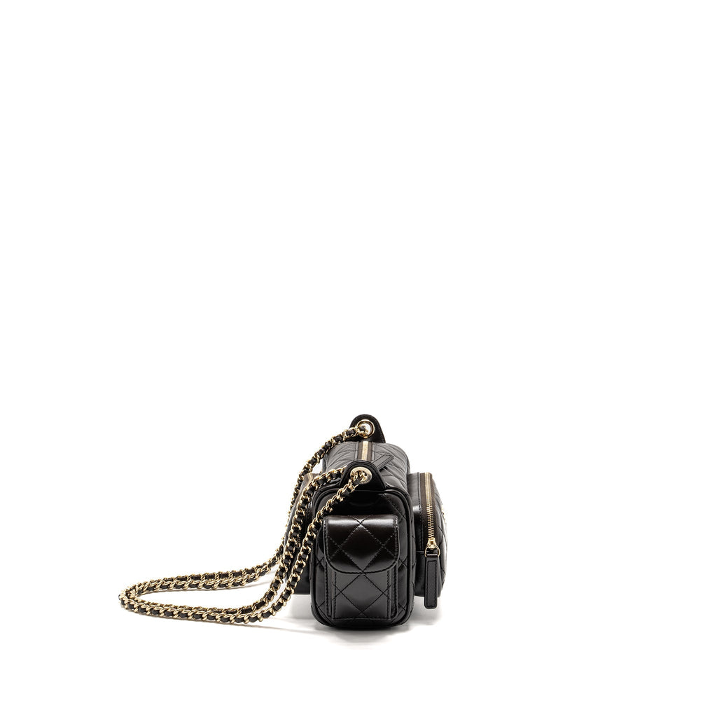 CHANEL 24K SMALL CAMERA CASE BAG SHINY CRUMPLED LAMBSKIN DARK BROWN LGHW (MICROCHIP)
