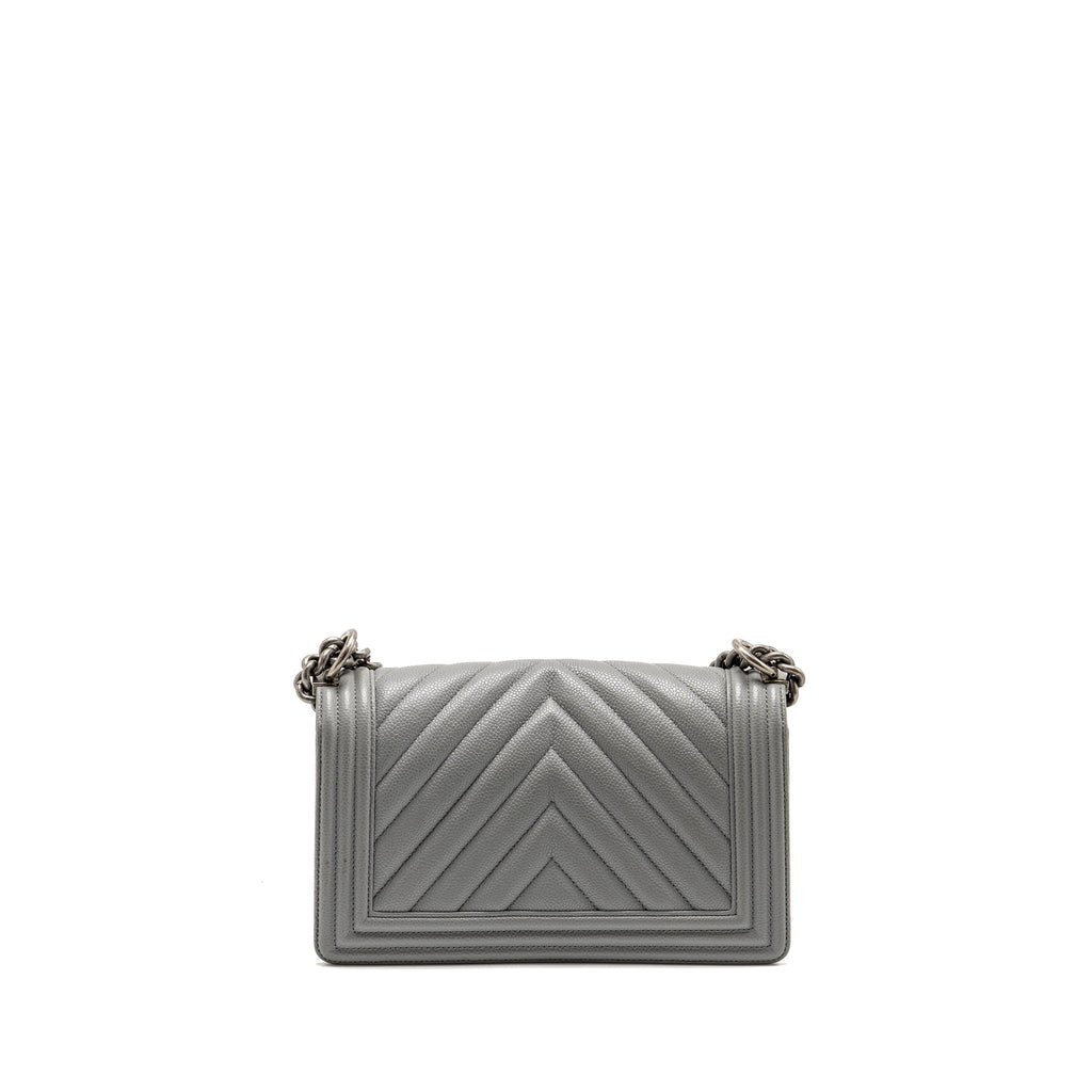 CHANEL MEDIUM BOY BAG CHEVRON CAVIAR GREY RUTHENIUM SILVER HARDWARE