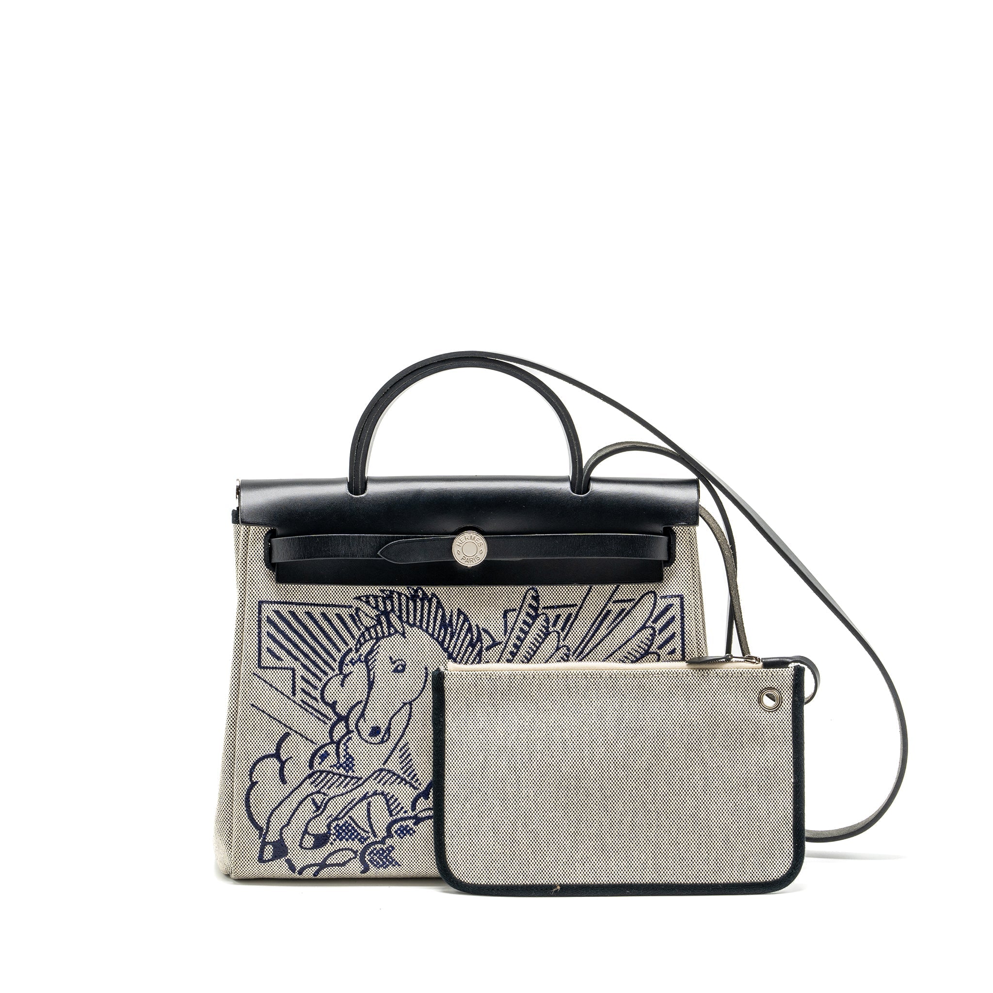 HERMES HERBAG 31 ZIP BAG CANVAS/HUNTER BLUE INDIGO/ECRU-NOIR/NOIR SHW