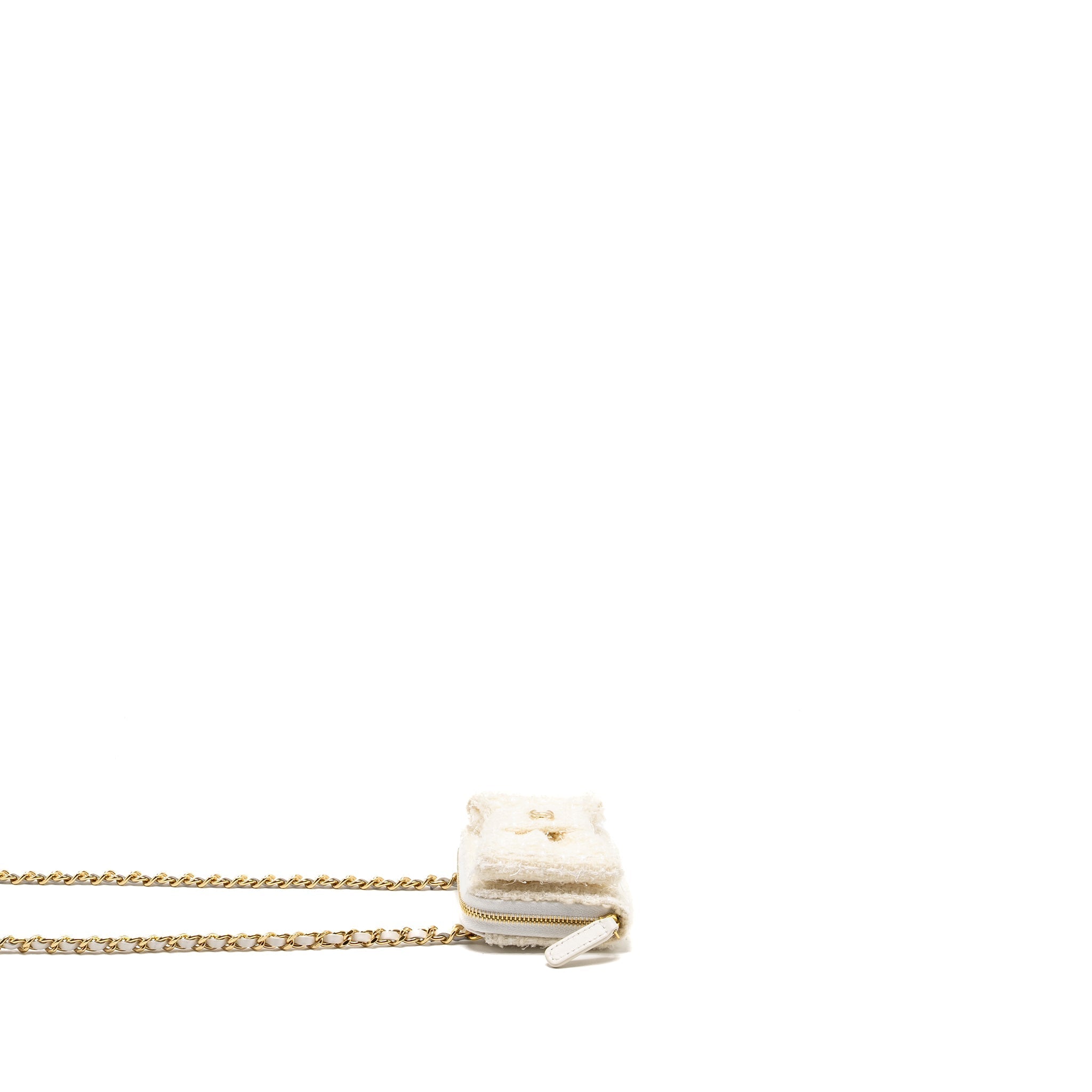 CHANEL MINI BOW CARD HOLDER WITH CHAIN TWEED WHITE LGHW (MICROCHIP)