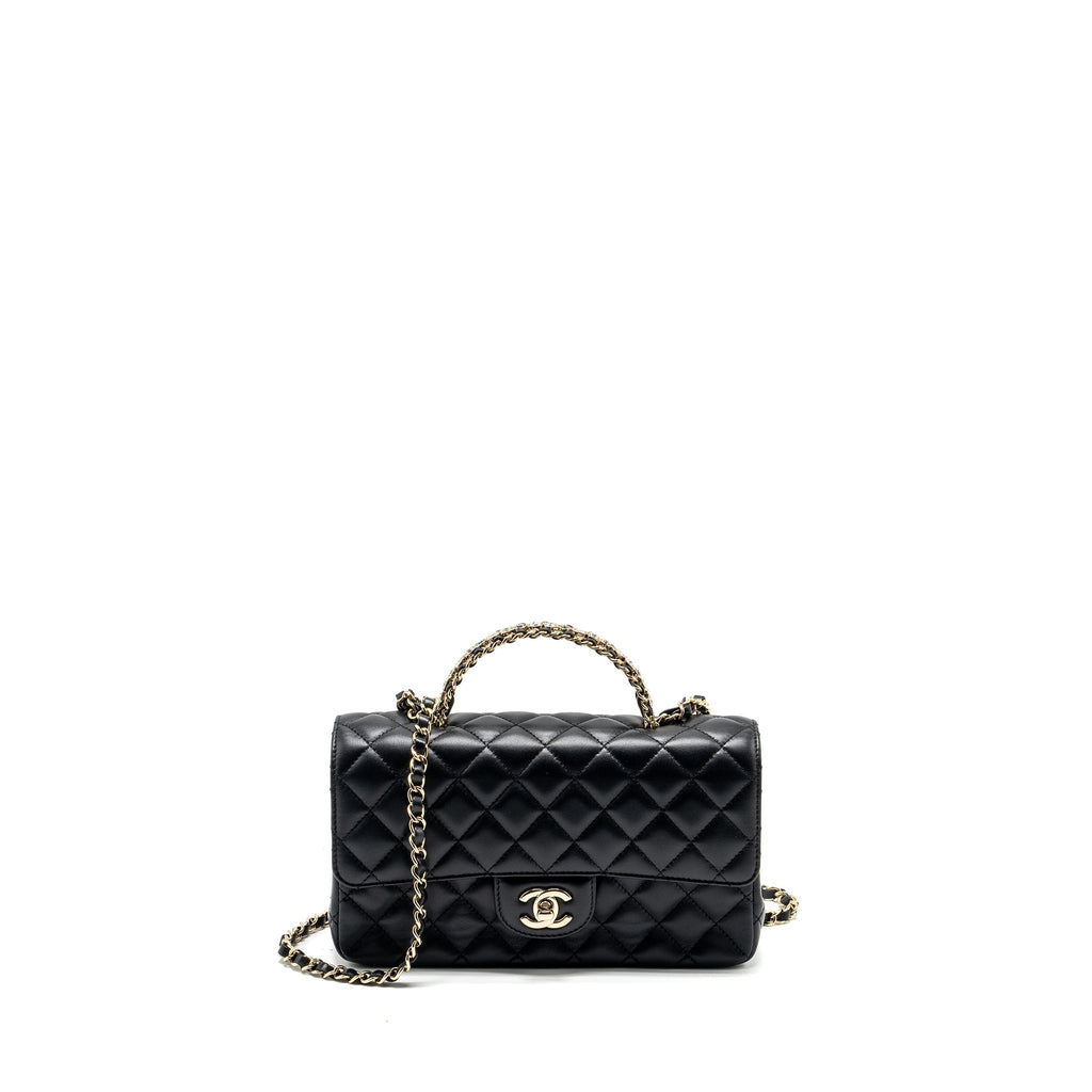 CHANEL CRYSTAL DETAILED TOP HANDLE FLAP BAG LAMBSKIN BLACK GHW (MICROCHIP)