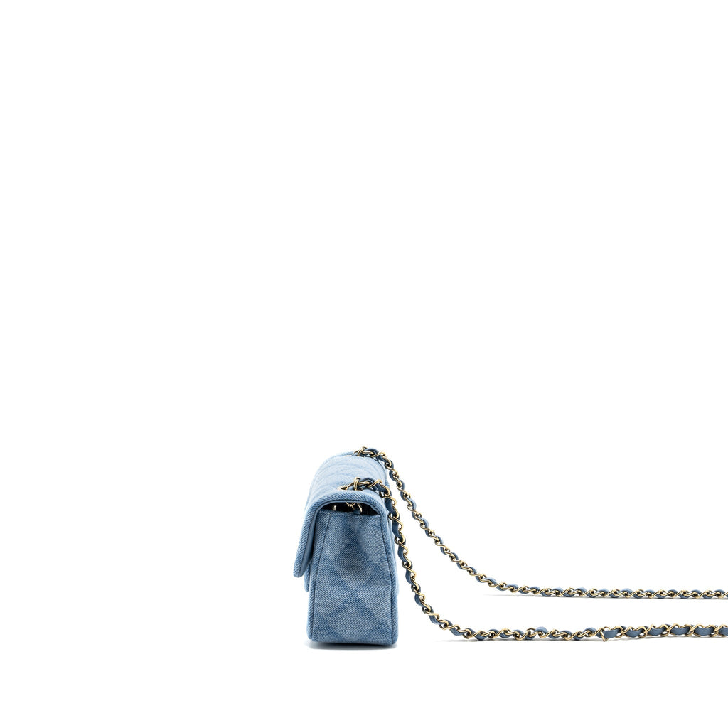 CHANEL 22B MINI RECTANGULAR FLAP BAG DENIM LIGHT BLUE LGHW (MICROCHIP)