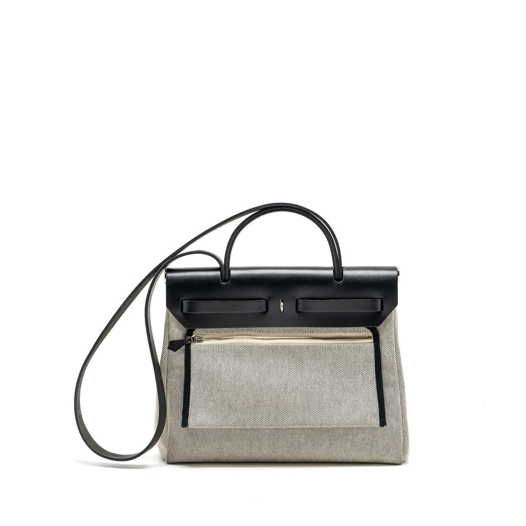HERMES HERBAG 31 ZIP BAG CANVAS/HUNTER BLUE INDIGO/ECRU-NOIR/NOIR SHW