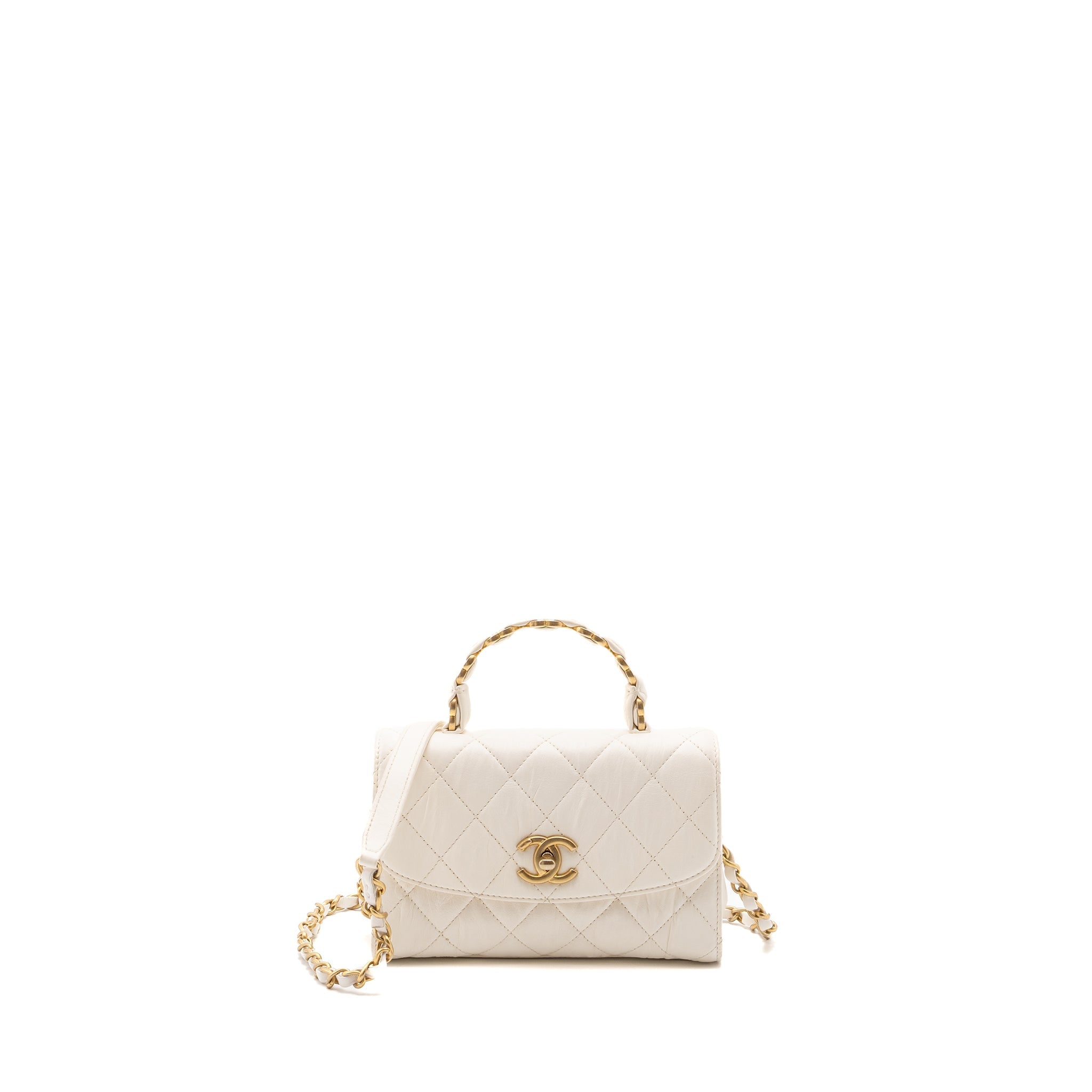 CHANEL TOP HANDLE FLAP BAG LAMBSKIN WHITE BRUSH GHW