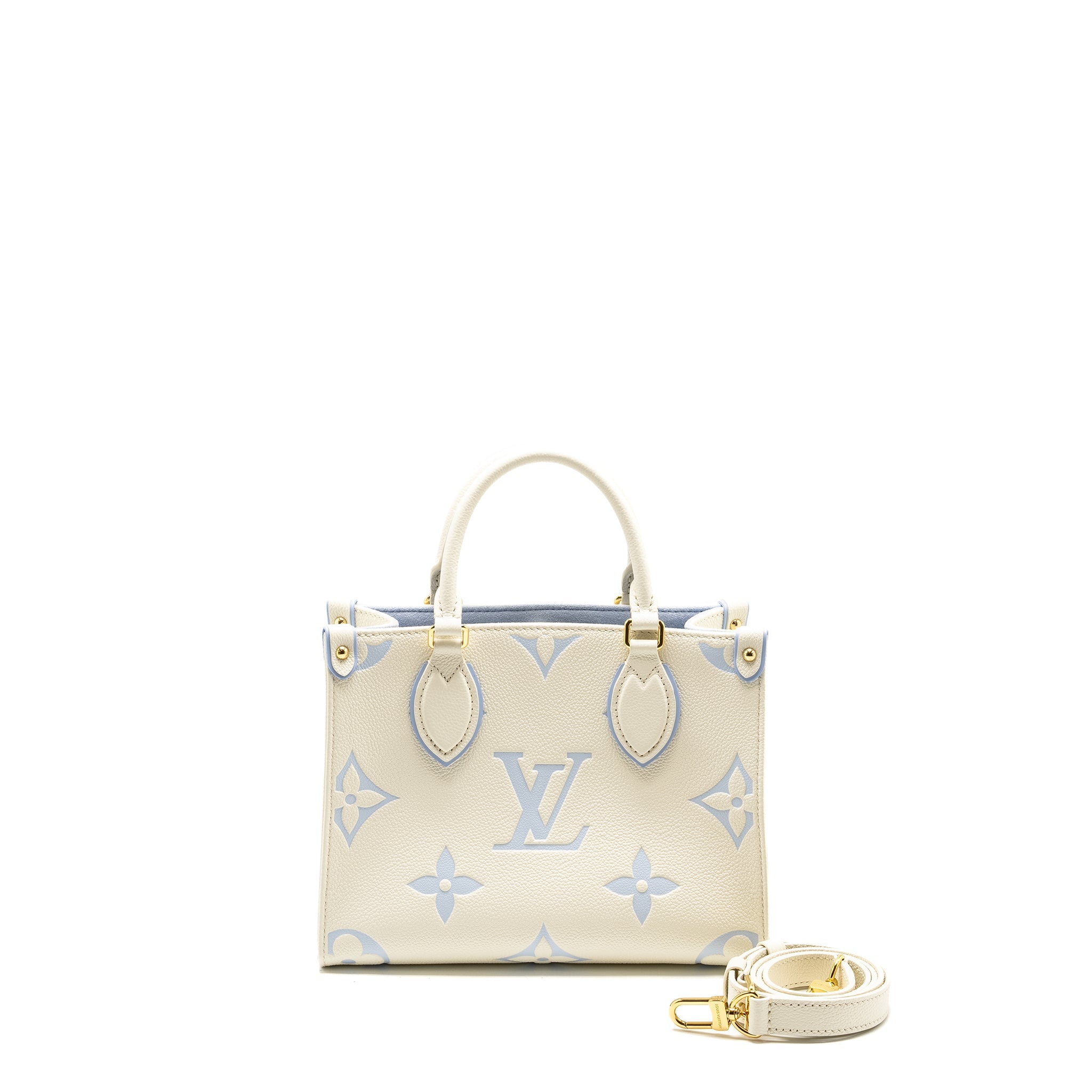 LOUIS VUITTON ONTHEGO PM BICOLOUR MONOGRAM EMPREINTE LATTE/CANDY BLUE GHW