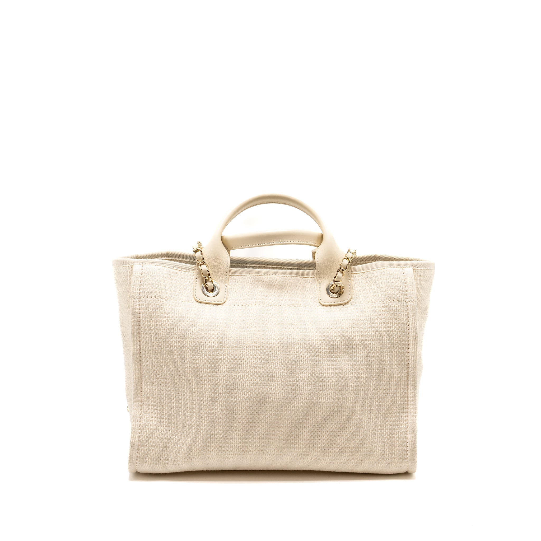 CHANEL SMALL DEAUVILLE SHOPPING TOTE BAG CALFSKIN/FABRIC LIGHT BEIGE LGHW (MICROCHIP)