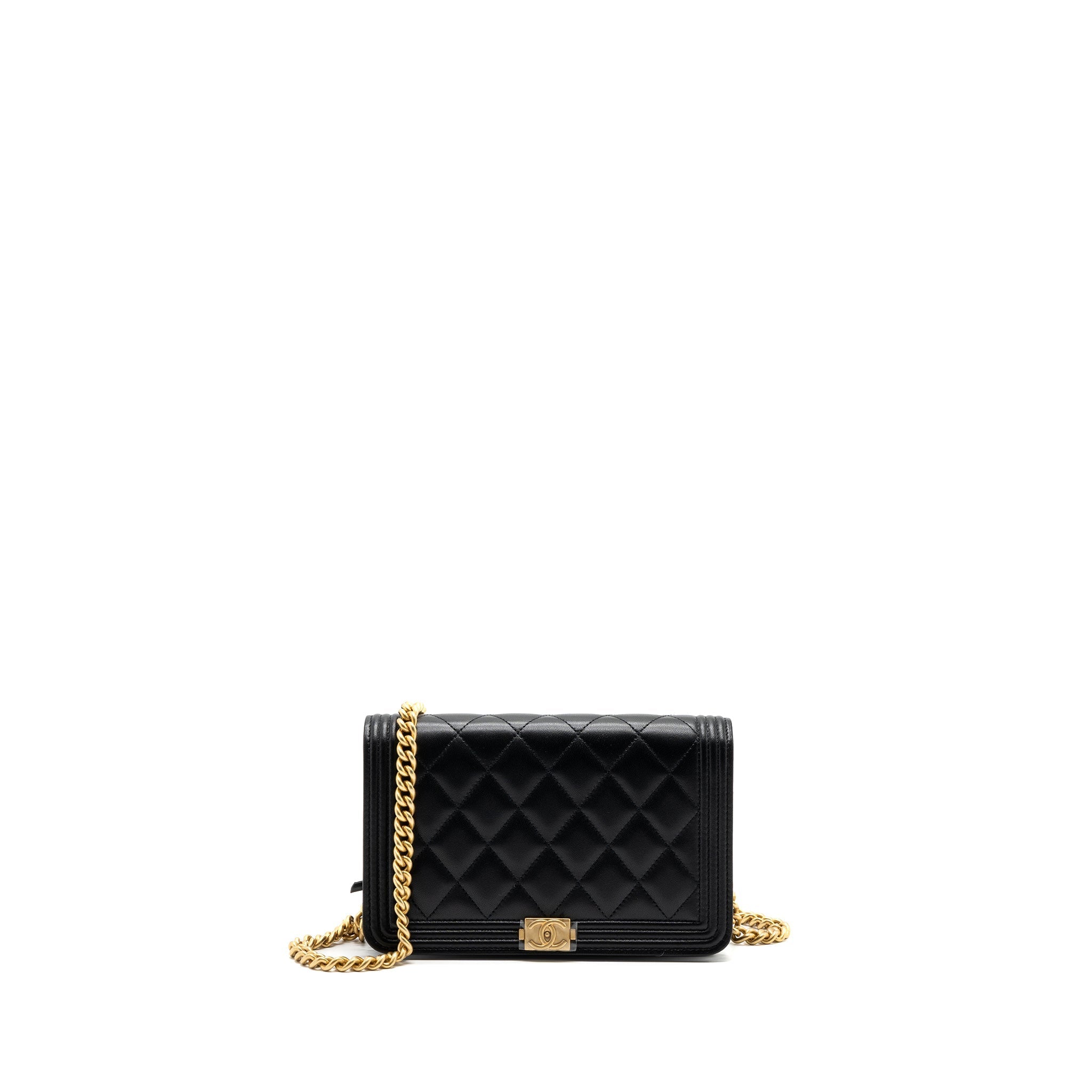 CHANEL BOY WALLET ON CHAIN LAMBSKIN BLACK GHW(MICROCHIP)