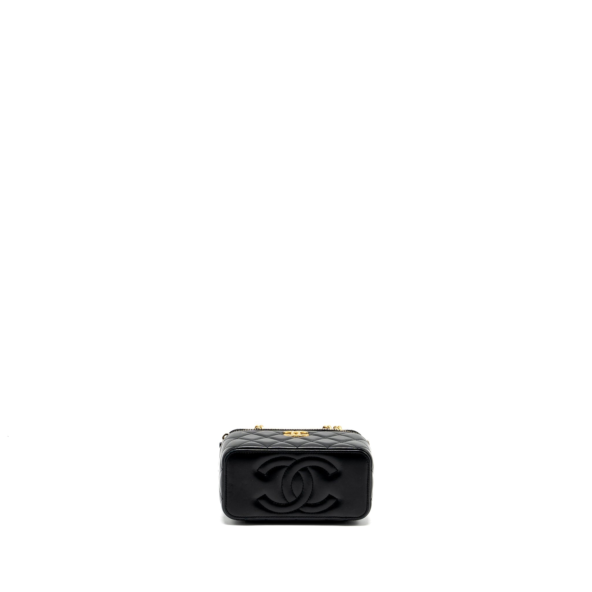 CHANEL 22K GOLD PILLAR LONG VANITY WITH ADJUSTABLE CHAIN LAMBSKIN BLACK GHW (MICROCHIP)