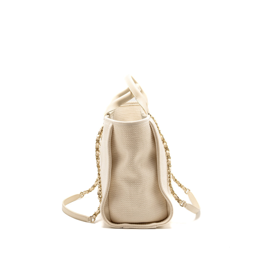 CHANEL SMALL DEAUVILLE SHOPPING TOTE BAG CALFSKIN/FABRIC LIGHT BEIGE LGHW (MICROCHIP)