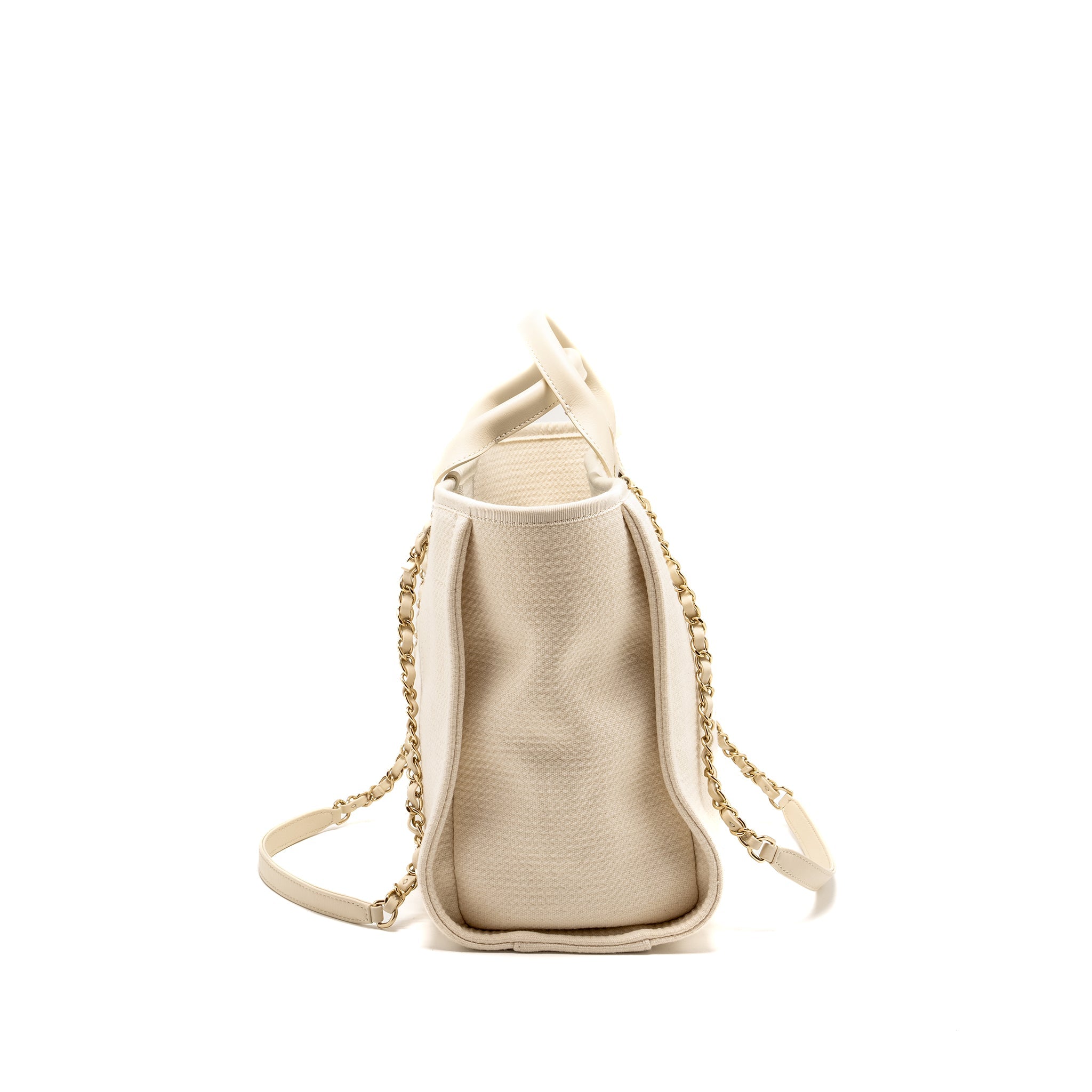 CHANEL SMALL DEAUVILLE SHOPPING TOTE BAG CALFSKIN/FABRIC LIGHT BEIGE LGHW (MICROCHIP)