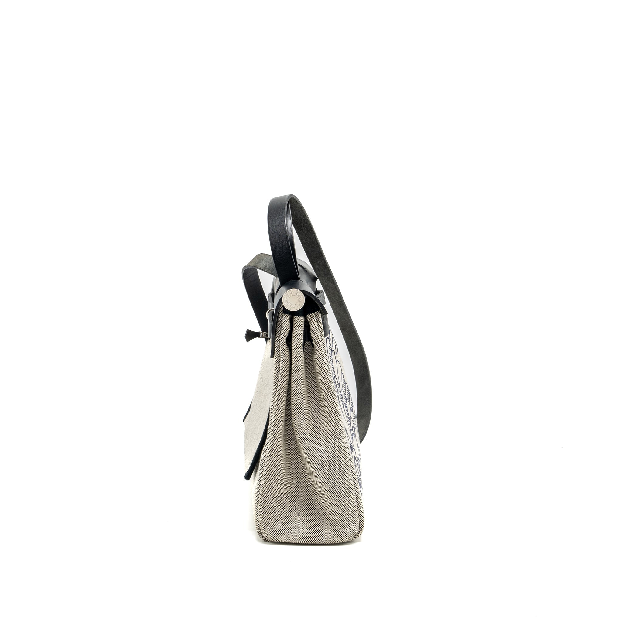 HERMES HERBAG 31 ZIP BAG CANVAS/HUNTER BLUE INDIGO/ECRU-NOIR/NOIR SHW
