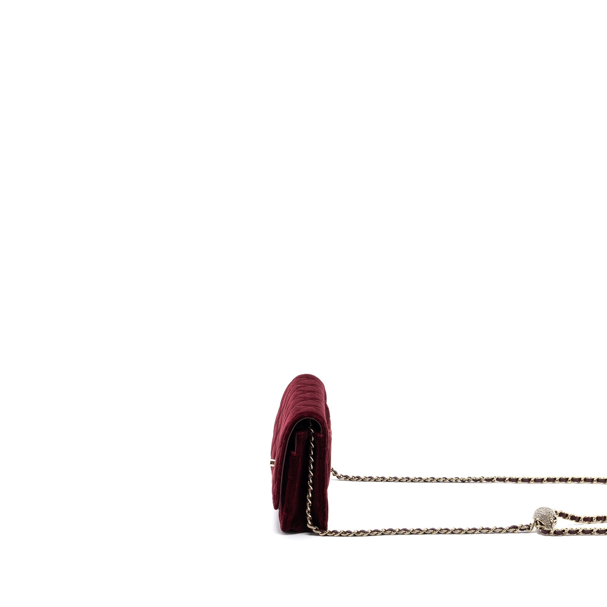 CHANEL CRYSTAL PEARL CRUSH WALLET ON CHAIN VELVET BURGUNDY LGHW
