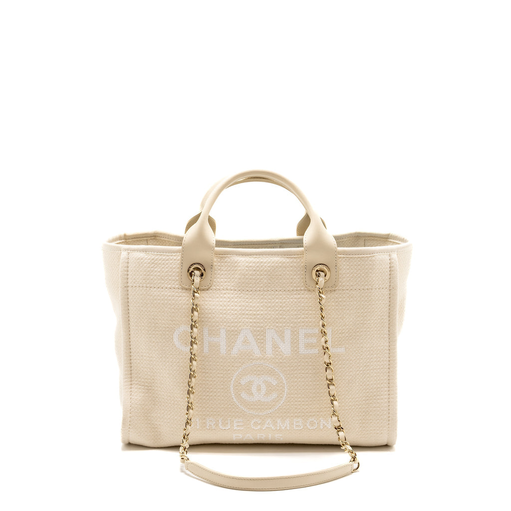 CHANEL SMALL DEAUVILLE SHOPPING TOTE BAG CALFSKIN/FABRIC LIGHT BEIGE LGHW (MICROCHIP)