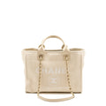 CHANEL SMALL DEAUVILLE SHOPPING TOTE BAG CALFSKIN/FABRIC LIGHT BEIGE LGHW (MICROCHIP)