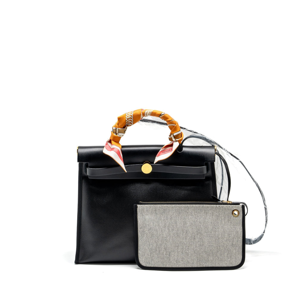 HERMES HERBAG 31 ZIP BAG BERLINE CANVAS / VACHE HUNTER BLACK / ECRU GHW