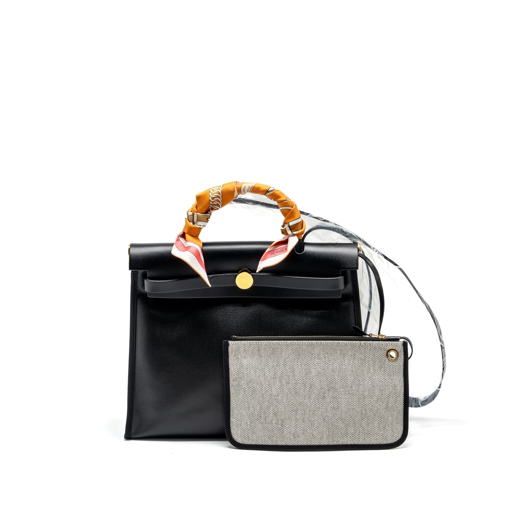 HERMES HERBAG 31 ZIP BAG BERLINE CANVAS / VACHE HUNTER BLACK / ECRU GHW