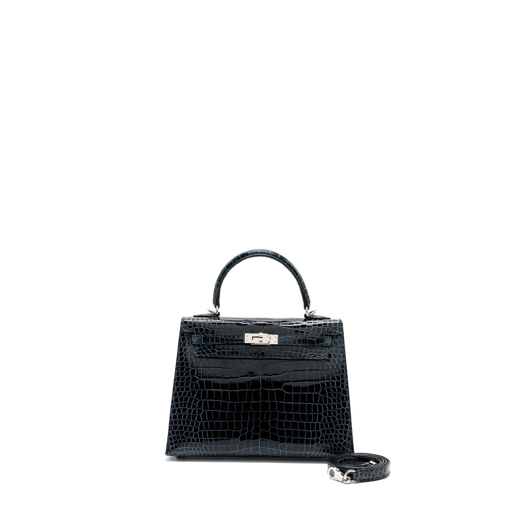 HERMES KELLY 25 SHINY CROCODILE POROUS V0 VERT ROUSSEAU SHW