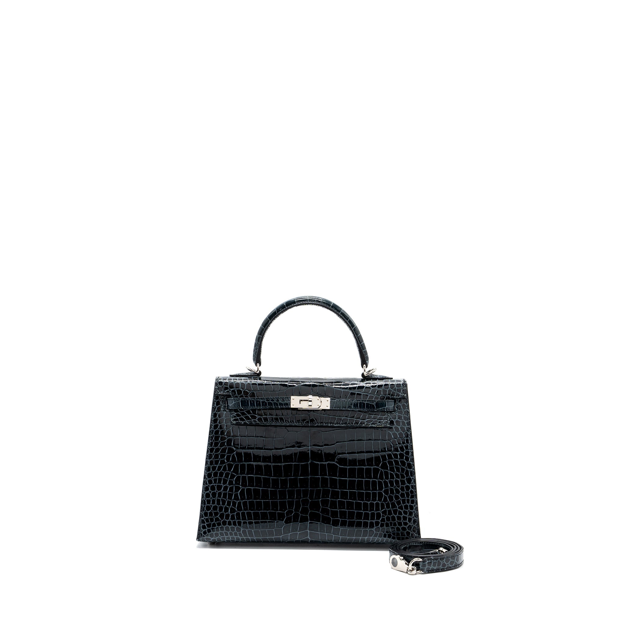 HERMES KELLY 25 SHINY CROCODILE POROUS V0 VERT ROUSSEAU SHW