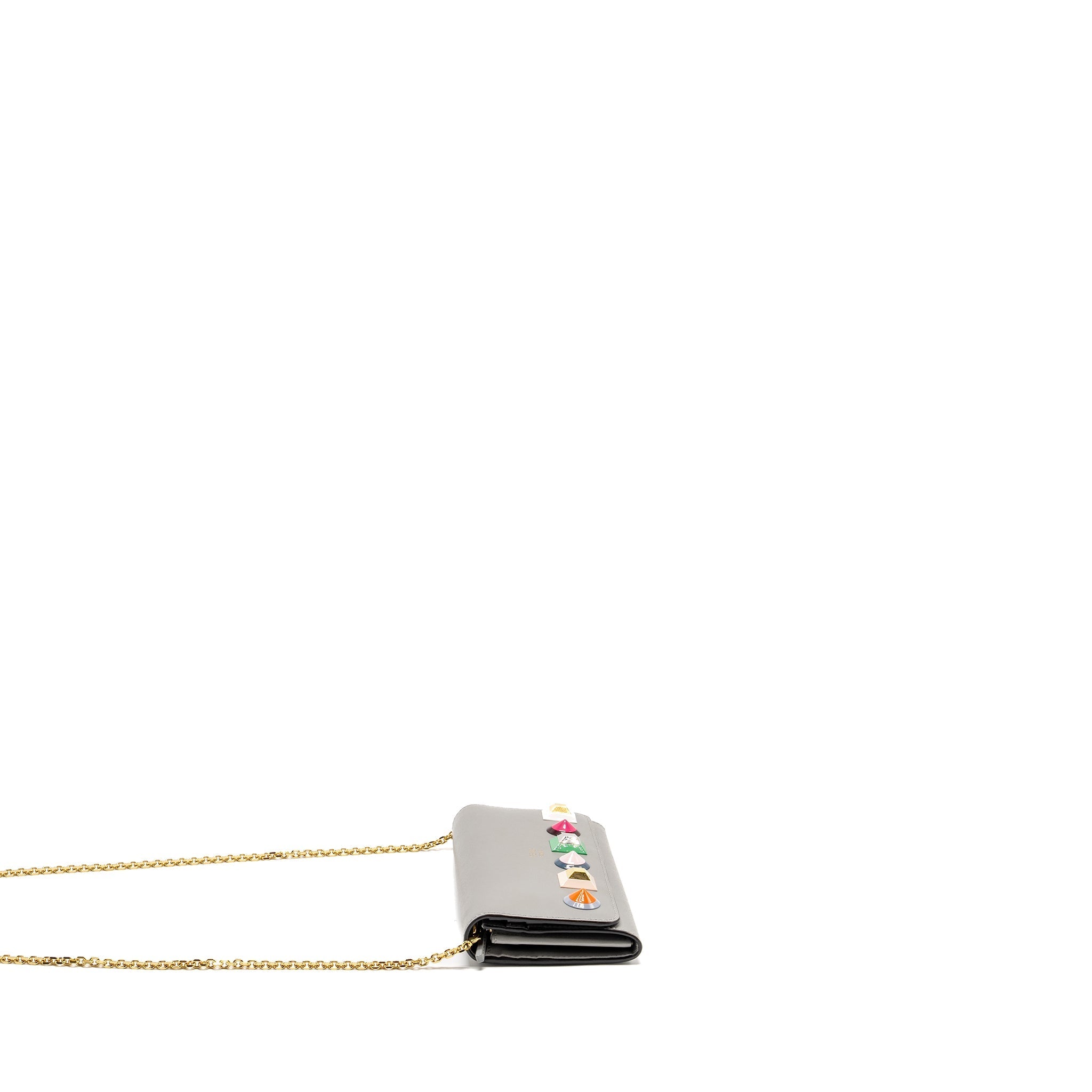 FENDI VITELLO LIBERTY STUDDED CHAIN WALLET CALFSKIN GREY / MULTICOLOUR GHW