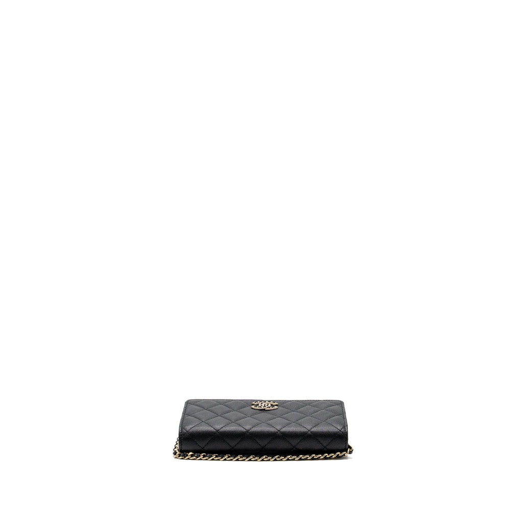 CHANEL DETAILED LOGO WALLET ON CHAIN BLACK CAVIAR LGHW (MICROCHIP)