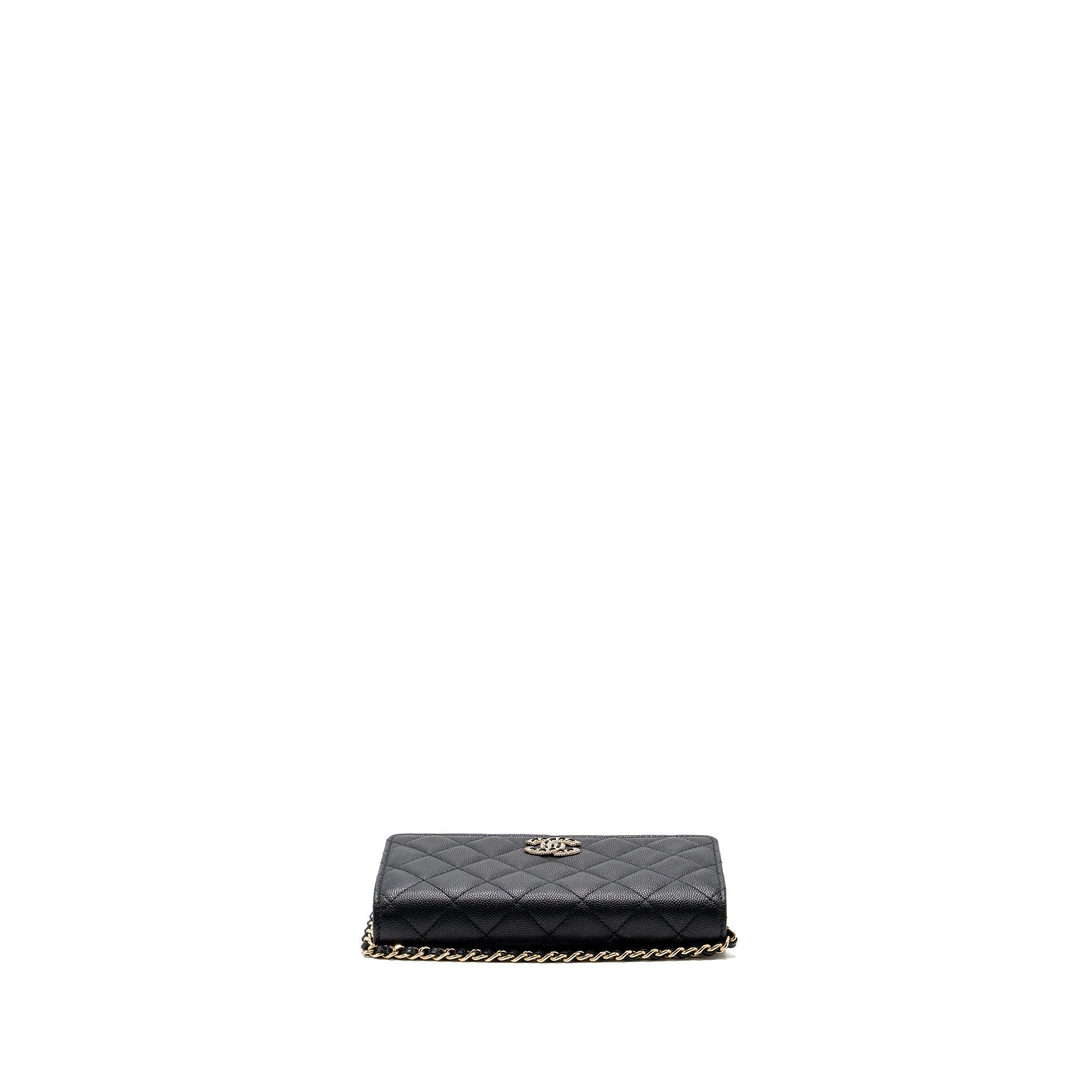 CHANEL DETAILED LOGO WALLET ON CHAIN BLACK CAVIAR LGHW (MICROCHIP)