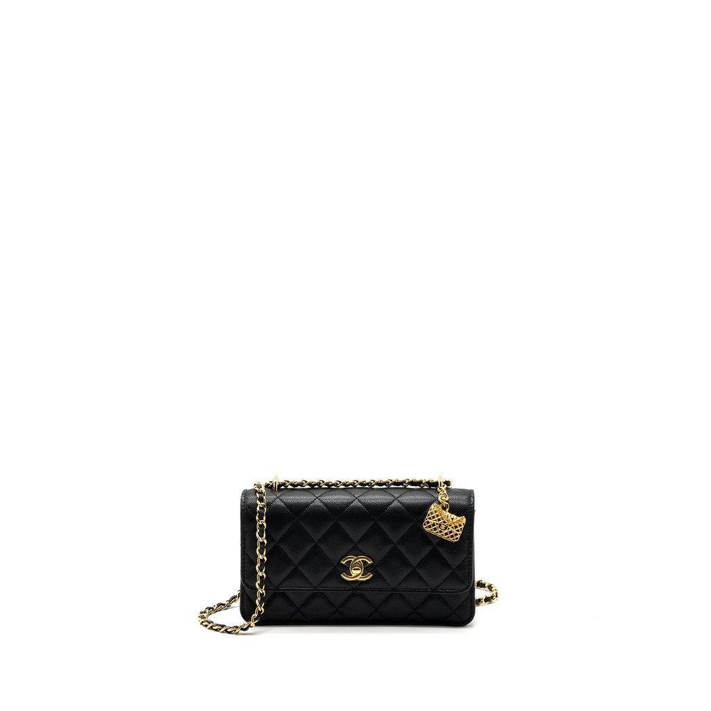 CHANEL 23S WALLET ON CHAIN WITH BAG CHARM CAVIAR BLACK GHW(MICROCHIP)