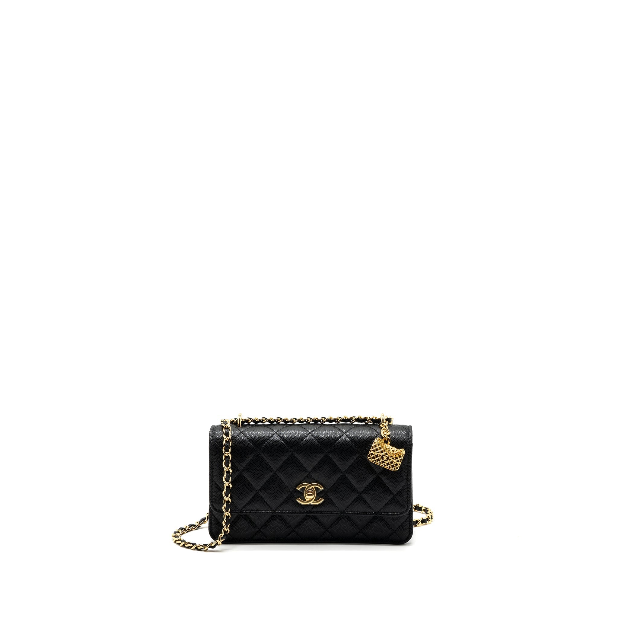 CHANEL 23S WALLET ON CHAIN WITH BAG CHARM CAVIAR BLACK GHW(MICROCHIP)