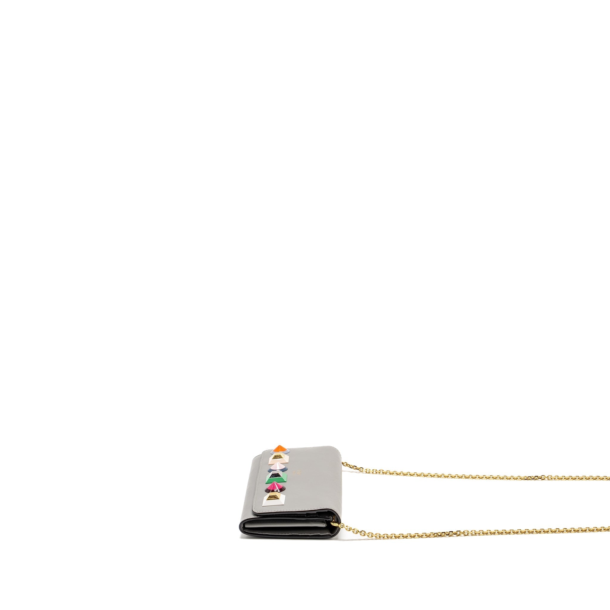 FENDI VITELLO LIBERTY STUDDED CHAIN WALLET CALFSKIN GREY / MULTICOLOUR GHW