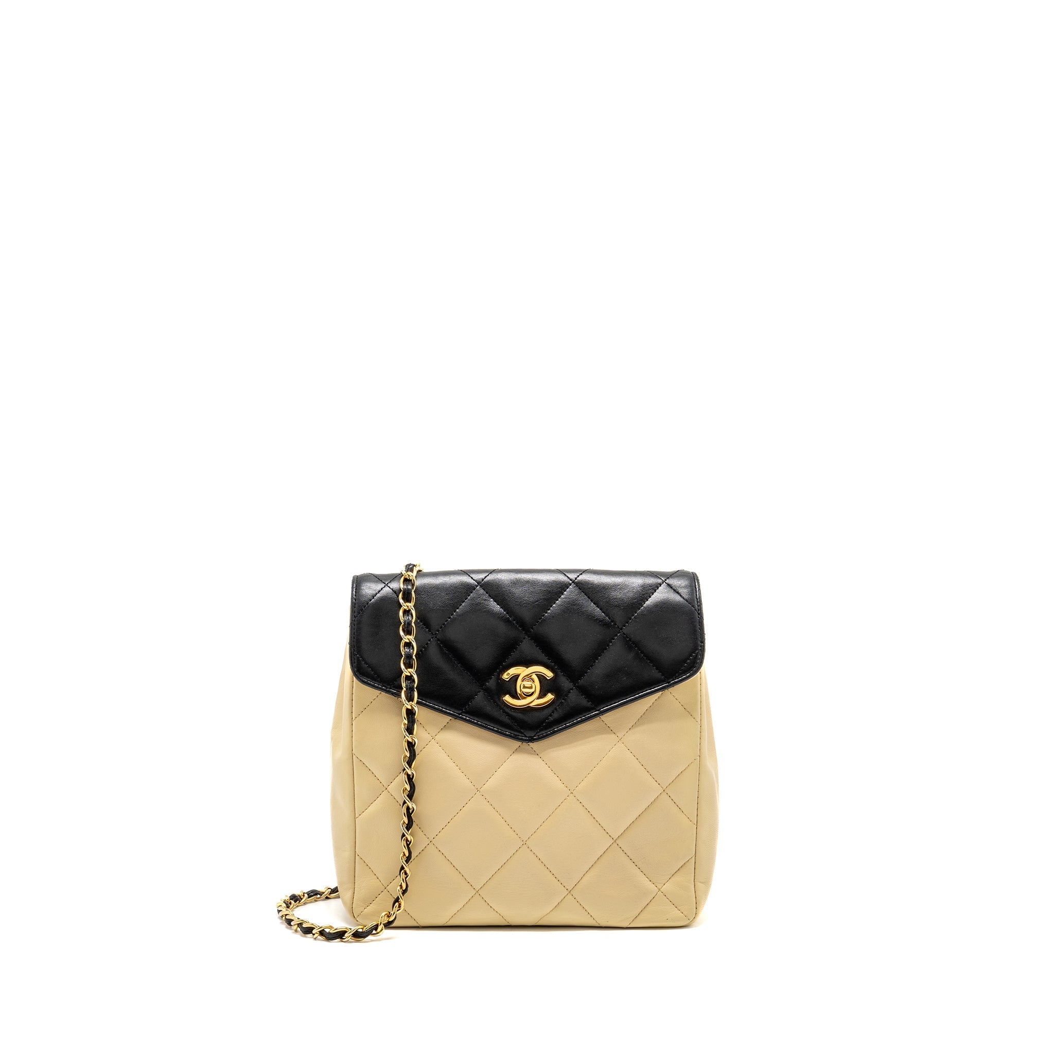 CHANEL VINTAGE QUILTED ENVELOPE FLAP BAG LAMBSKIN BEIGE / BLACK GHW