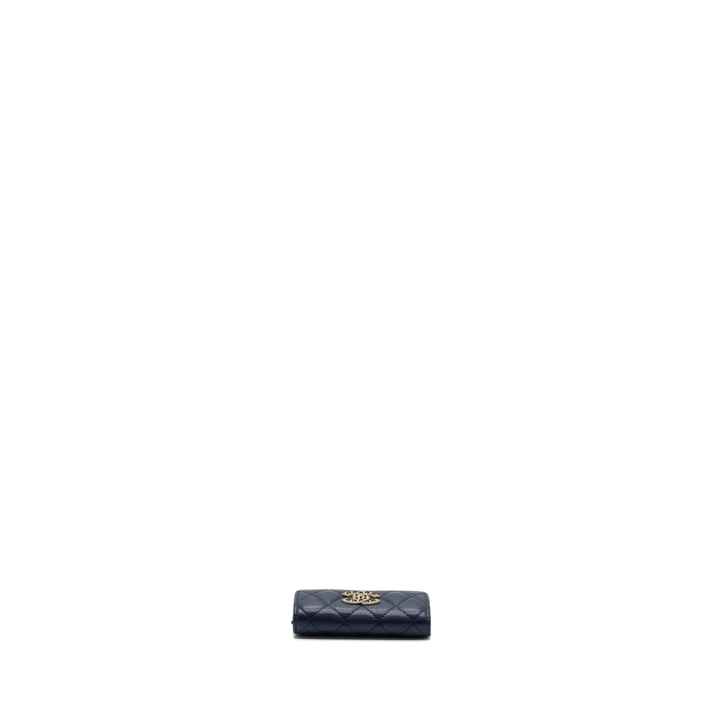 CHANEL DETAILED GIANT LOGO CARD HOLDER CAVIAR DARK BLUE LGHW