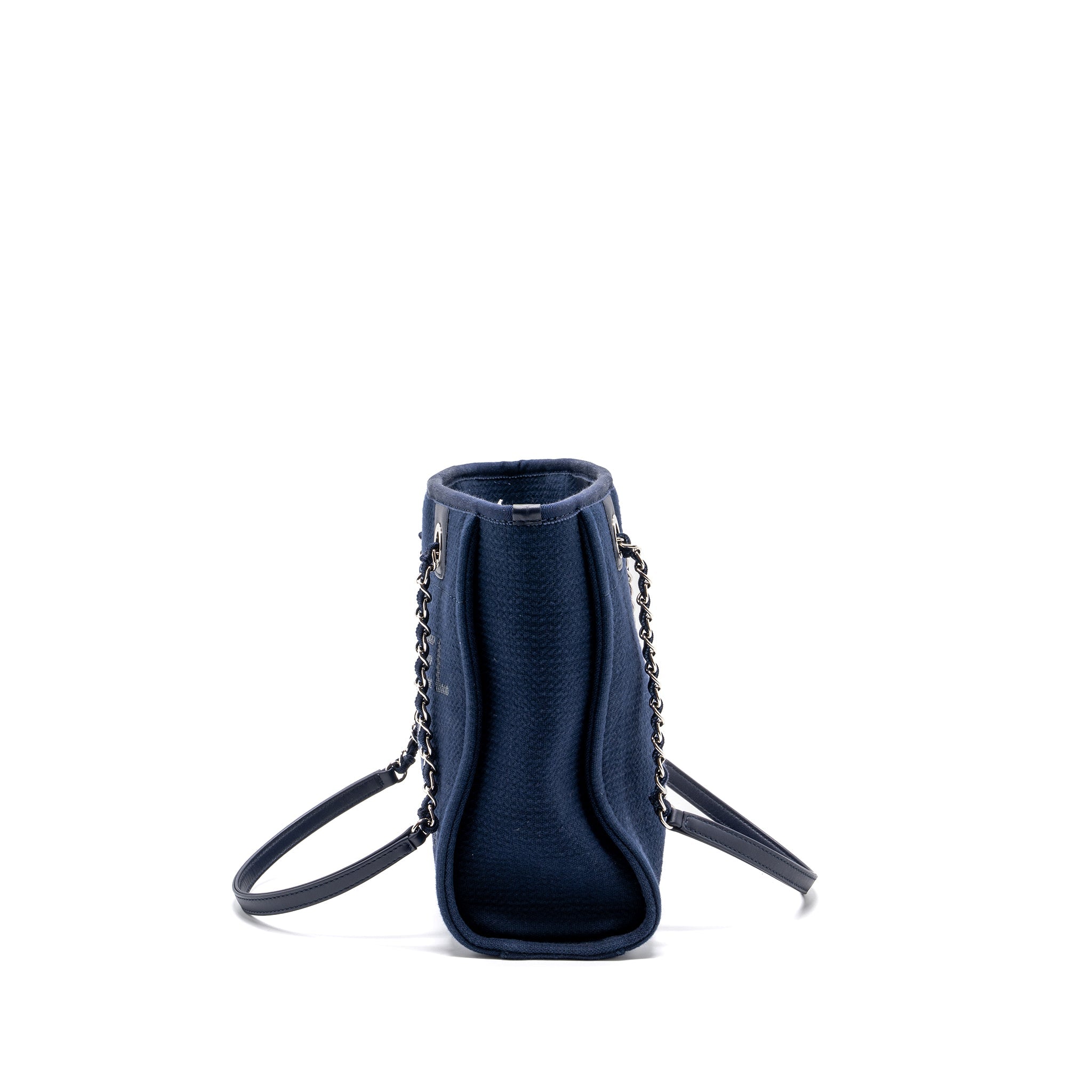 CHANEL SMALL DEAUVILLE TOTE BAG CANVAS NAVY SHW (MICROCHIP)