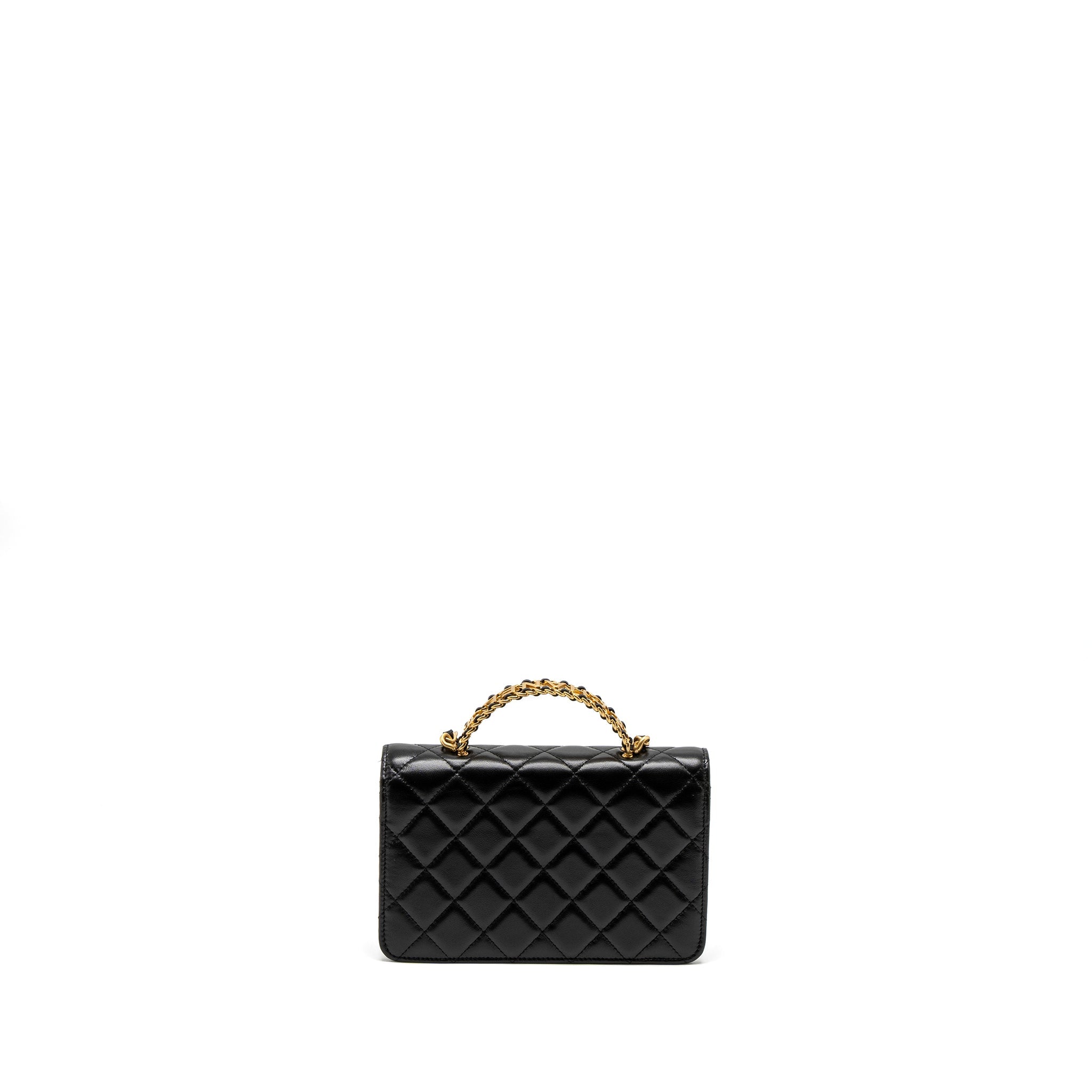 CHANEL DETAIL TOP HANDLE WALLET ON CHAIN LAMBSKIN BLACK BRUSHED GHW (MICROCHIP)