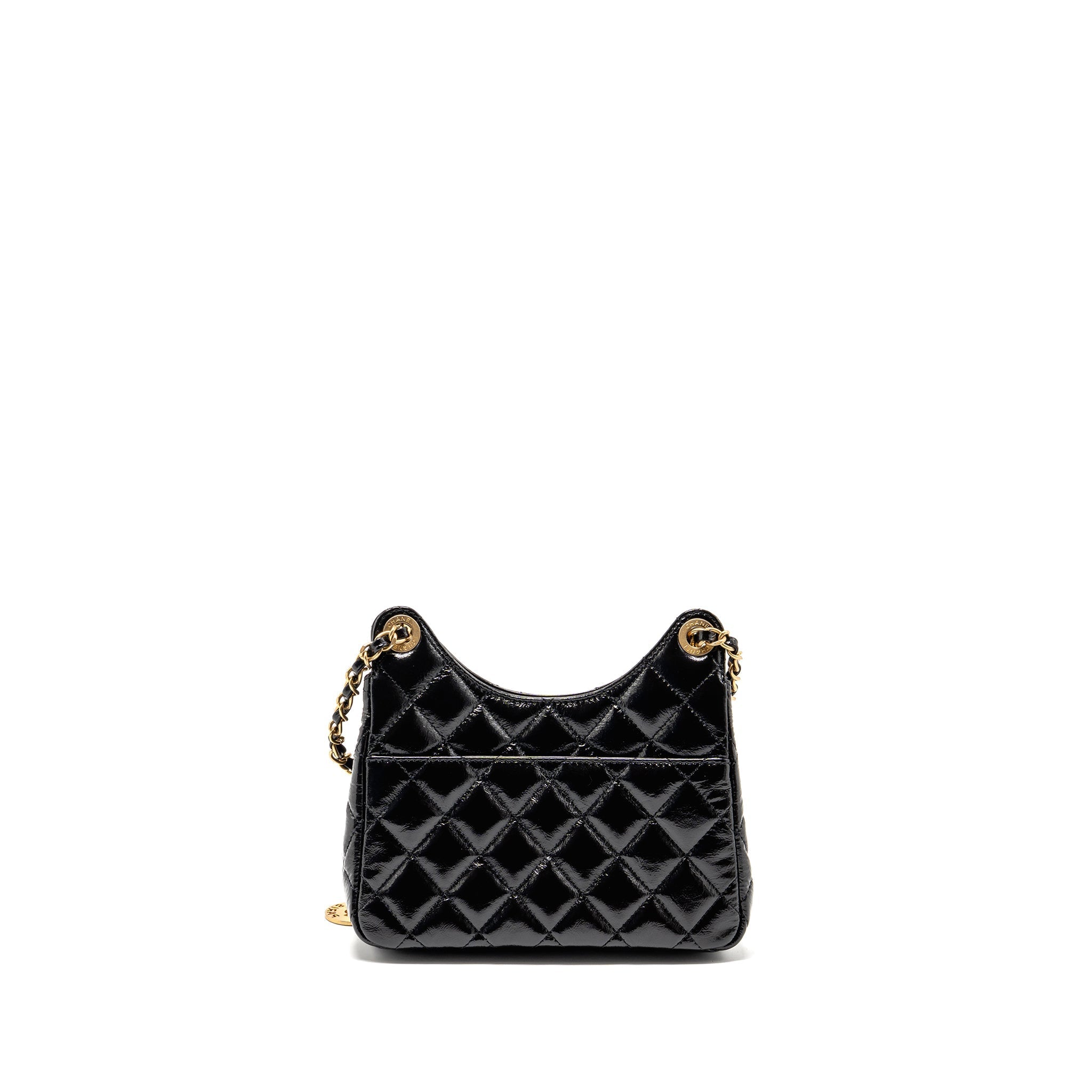 CHANEL 23C SMALL HOBO BAG SHINY CALFSKIN BLACK BRUSHED GHW (MICROCHIP)