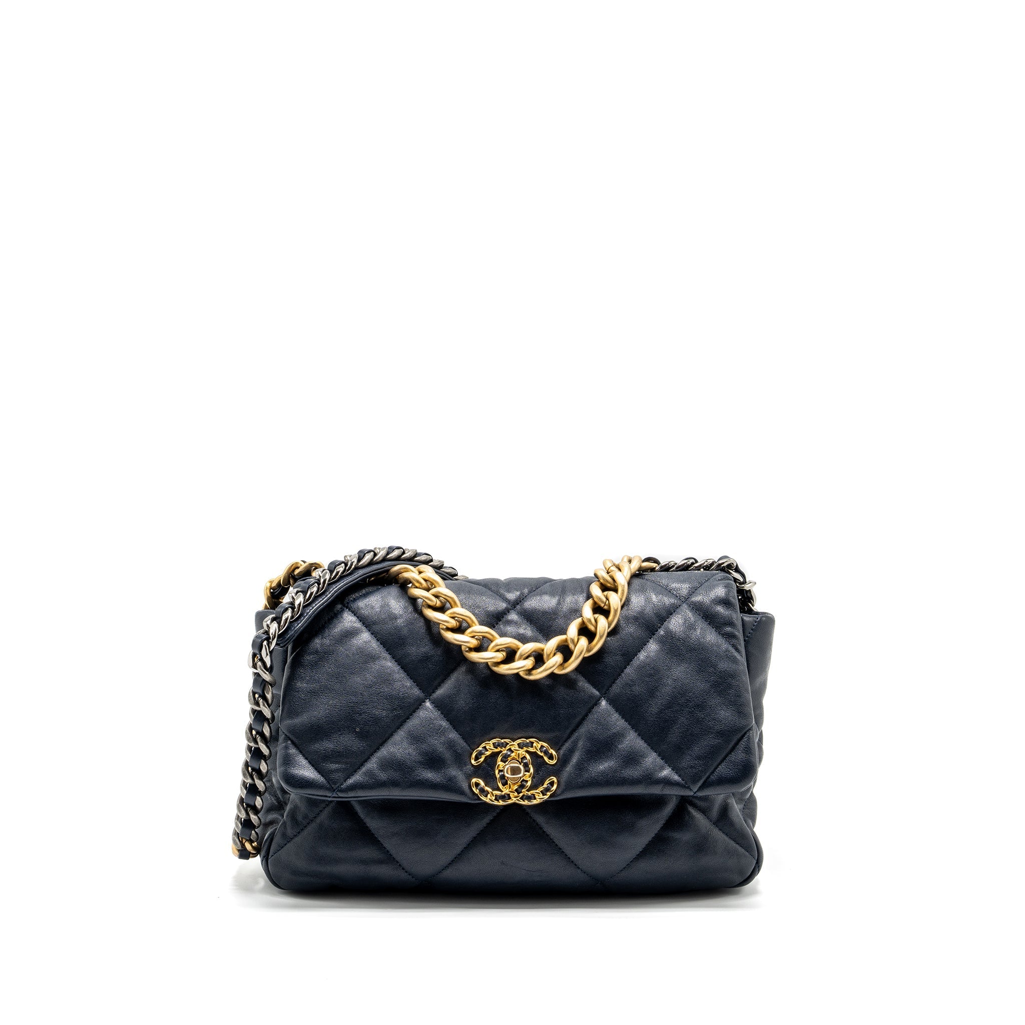 CHANEL LARGE 19 BAG 30CM LAMBSKIN NAVY MULTICOLOUR HARDWARE