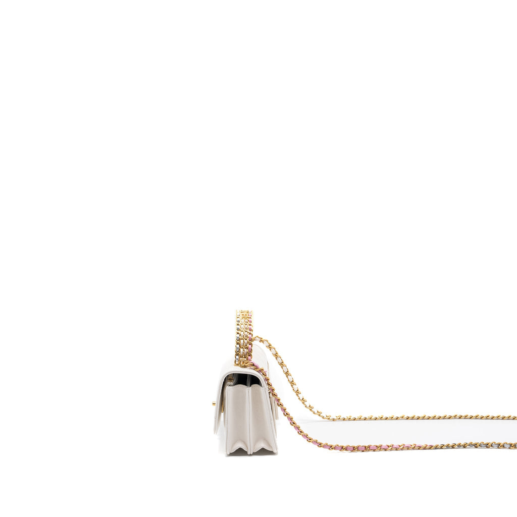 CHANEL 23P DETAILED TOP HANDLE MINI WALLET WITH CHAIN CALFSKIN WHITE / MULTI COLOR BRUSHED GHW (MICROCHIP)