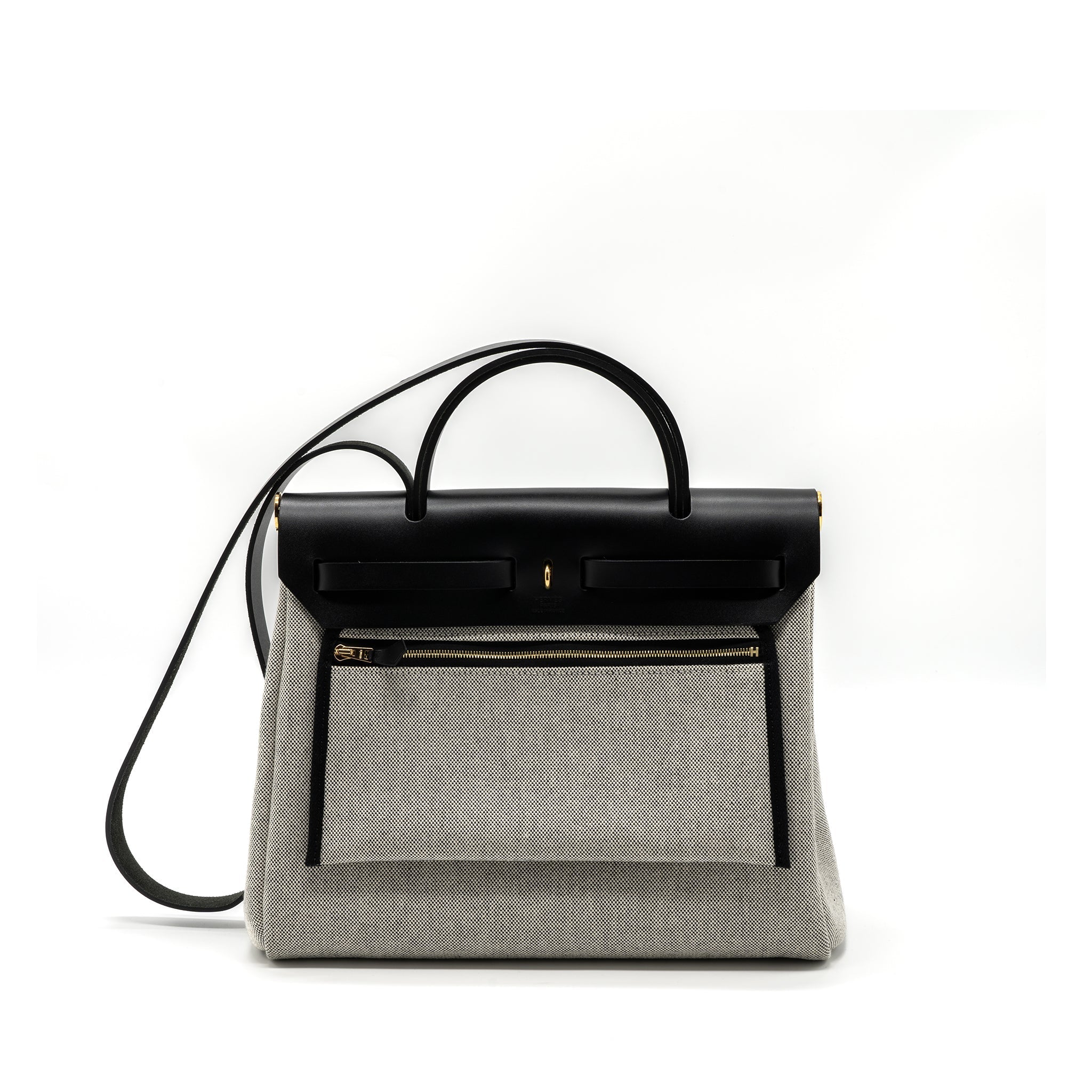 HERMES HERBAG 31 ZIP BAG TOILE H PLUME CANVAS / HUNTER LEATHER BLACK / ECRU GHW