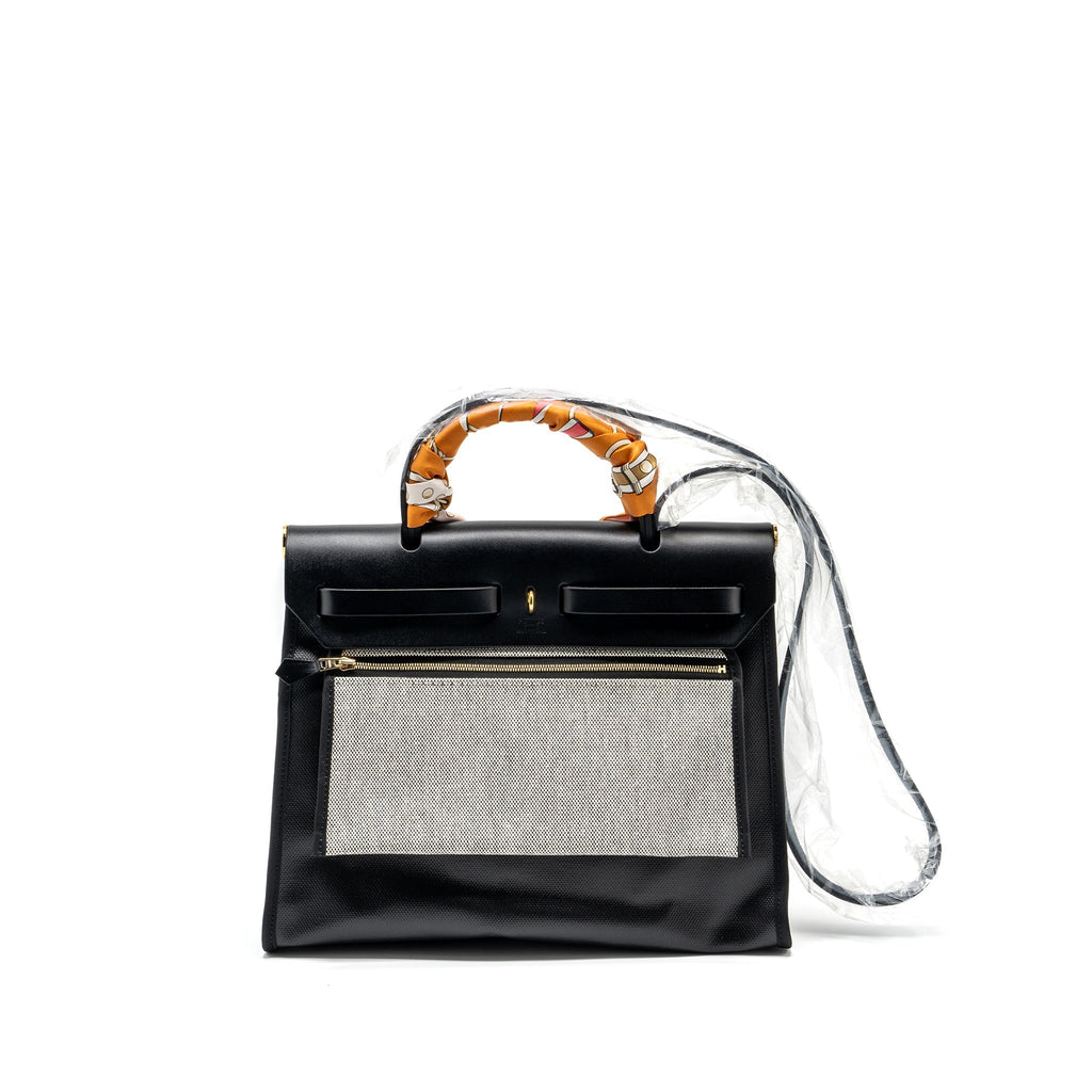 HERMES HERBAG 31 ZIP BAG BERLINE CANVAS / VACHE HUNTER BLACK / ECRU GHW