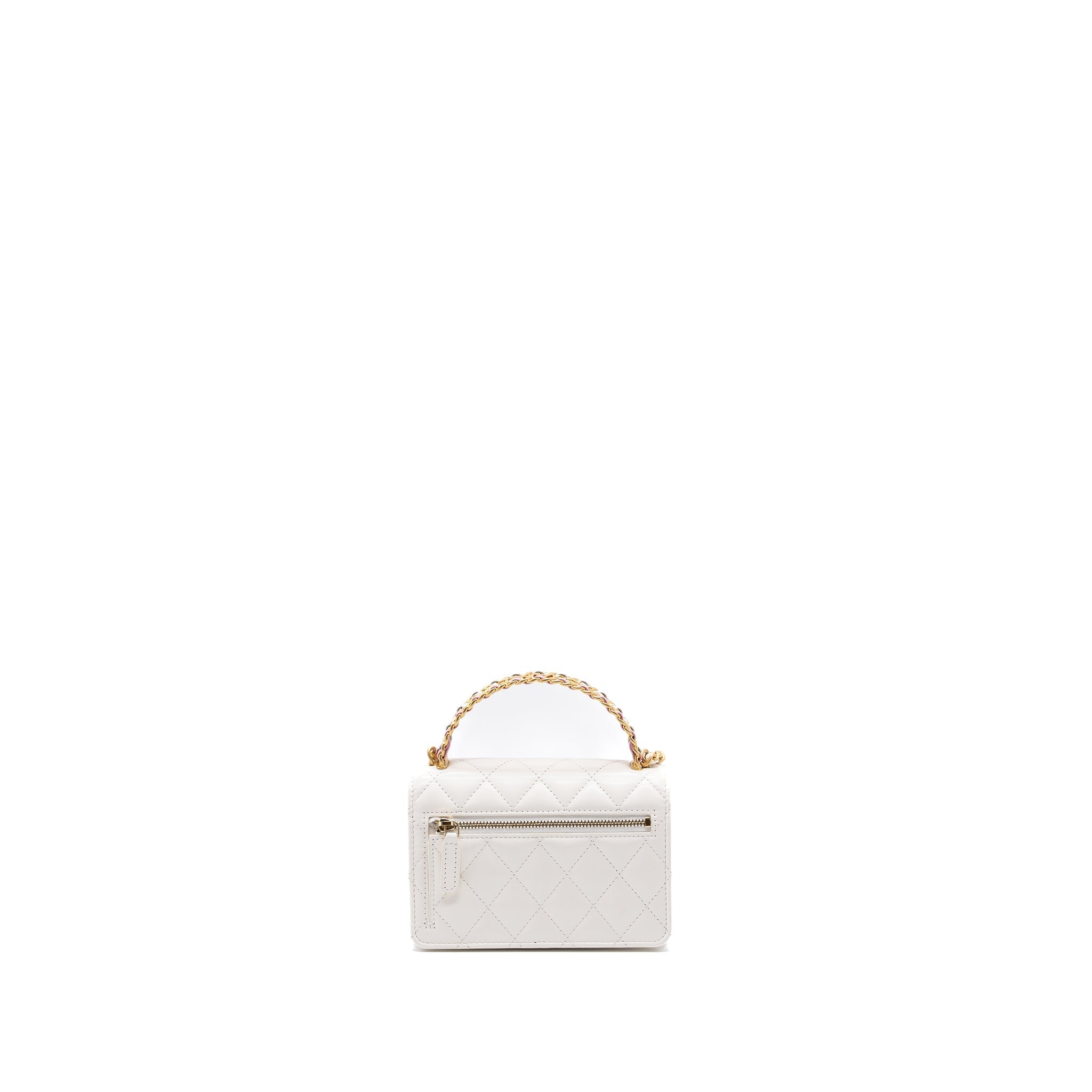 CHANEL 23P DETAILED TOP HANDLE MINI WALLET WITH CHAIN CALFSKIN WHITE / MULTI COLOR BRUSHED GHW (MICROCHIP)