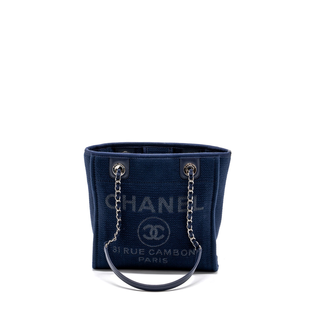 CHANEL SMALL DEAUVILLE TOTE BAG CANVAS NAVY SHW (MICROCHIP)
