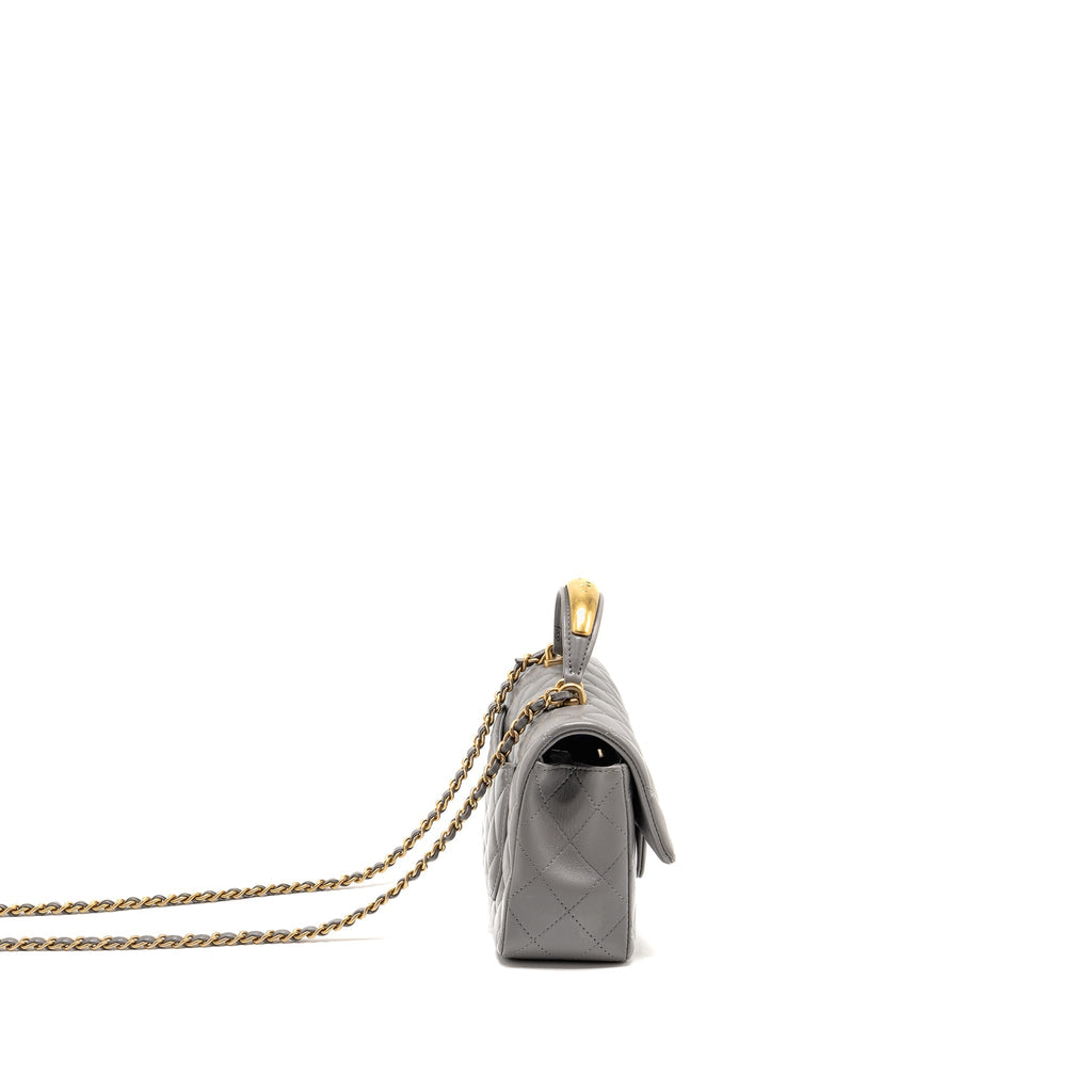 CHANEL 22K METAL TOP HANDLE MINI RECTANGULAR FLAP BAG LAMBSKIN GREY GHW (MICROCHIP)