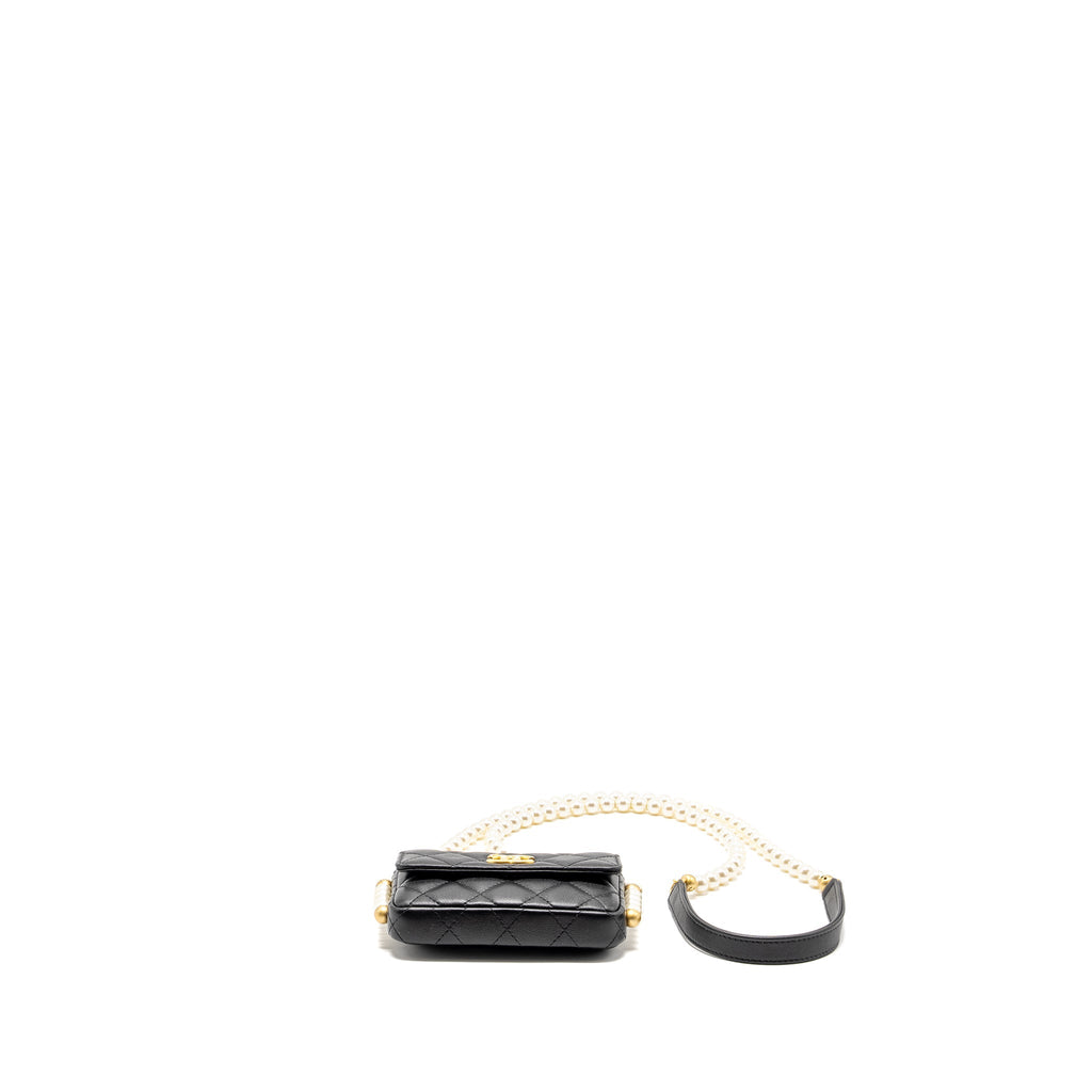 CHANEL MINI FLAP PURSE WITH PEARL CHAIN CALFSKIN GHW