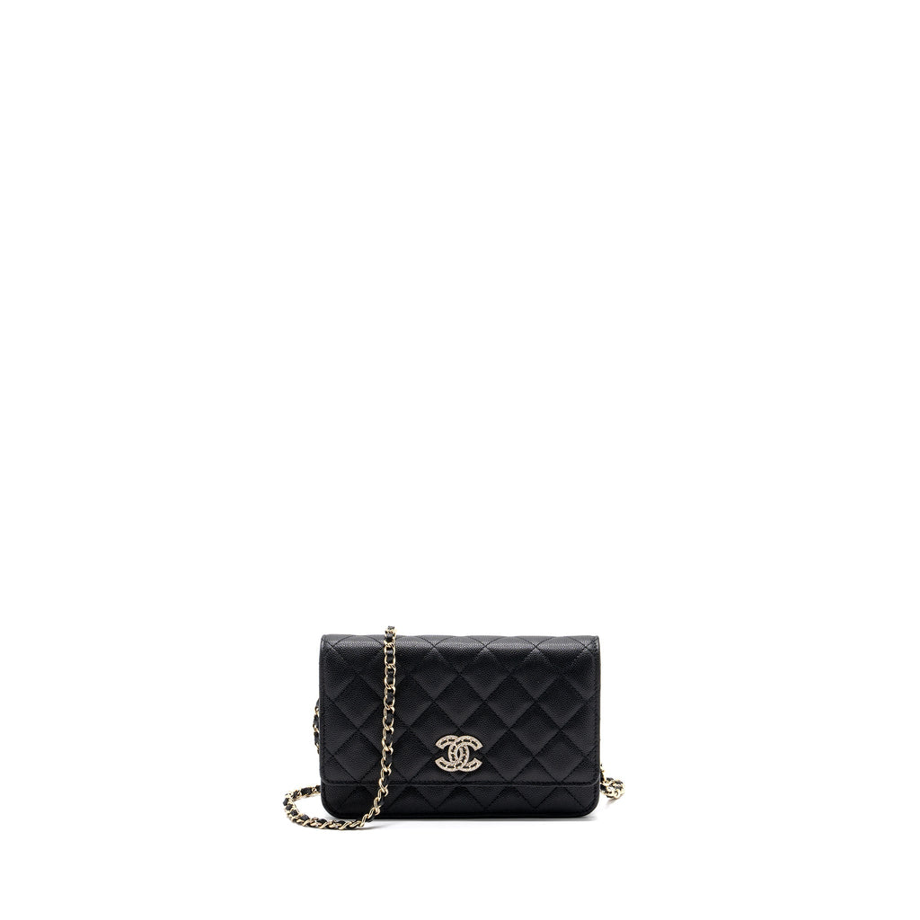 CHANEL DETAILED LOGO WALLET ON CHAIN BLACK CAVIAR LGHW (MICROCHIP)